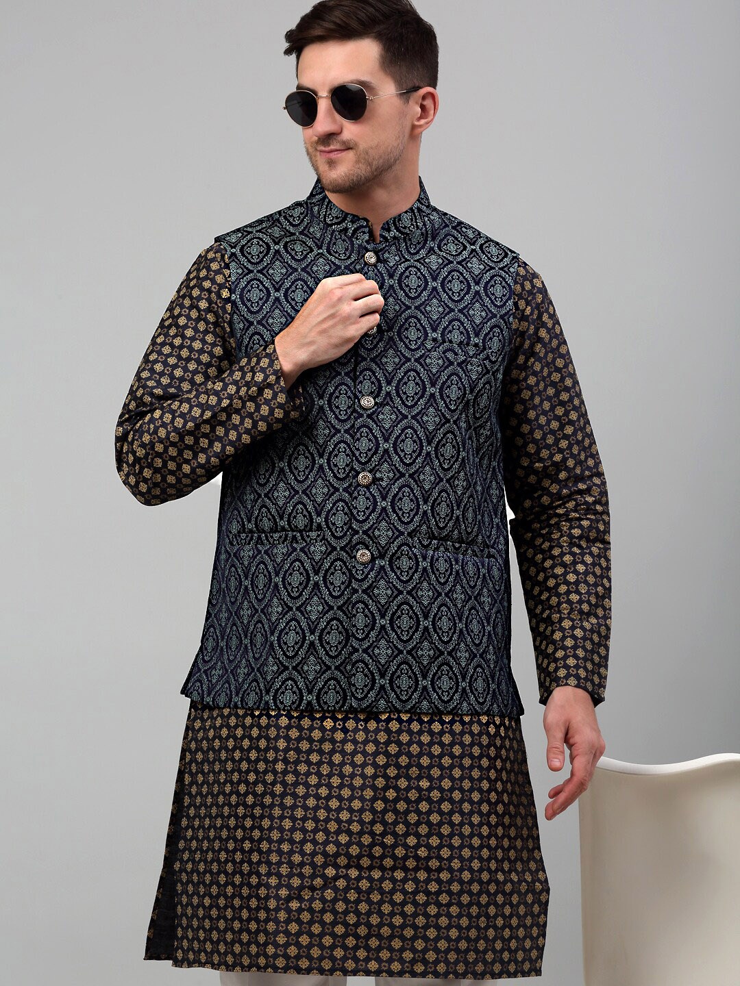 

Jompers Ethnic Motifs Printed Dupion Silk Kurta & Churidar with Nehru Jacket, Black