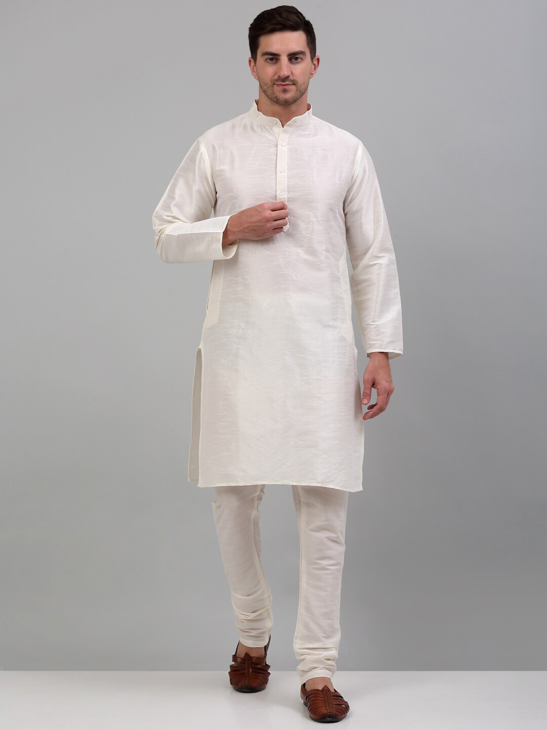 

Jompers Ethnic Motifs Embroidered Regular Kurta with Churidar & Nehru Jacket, White