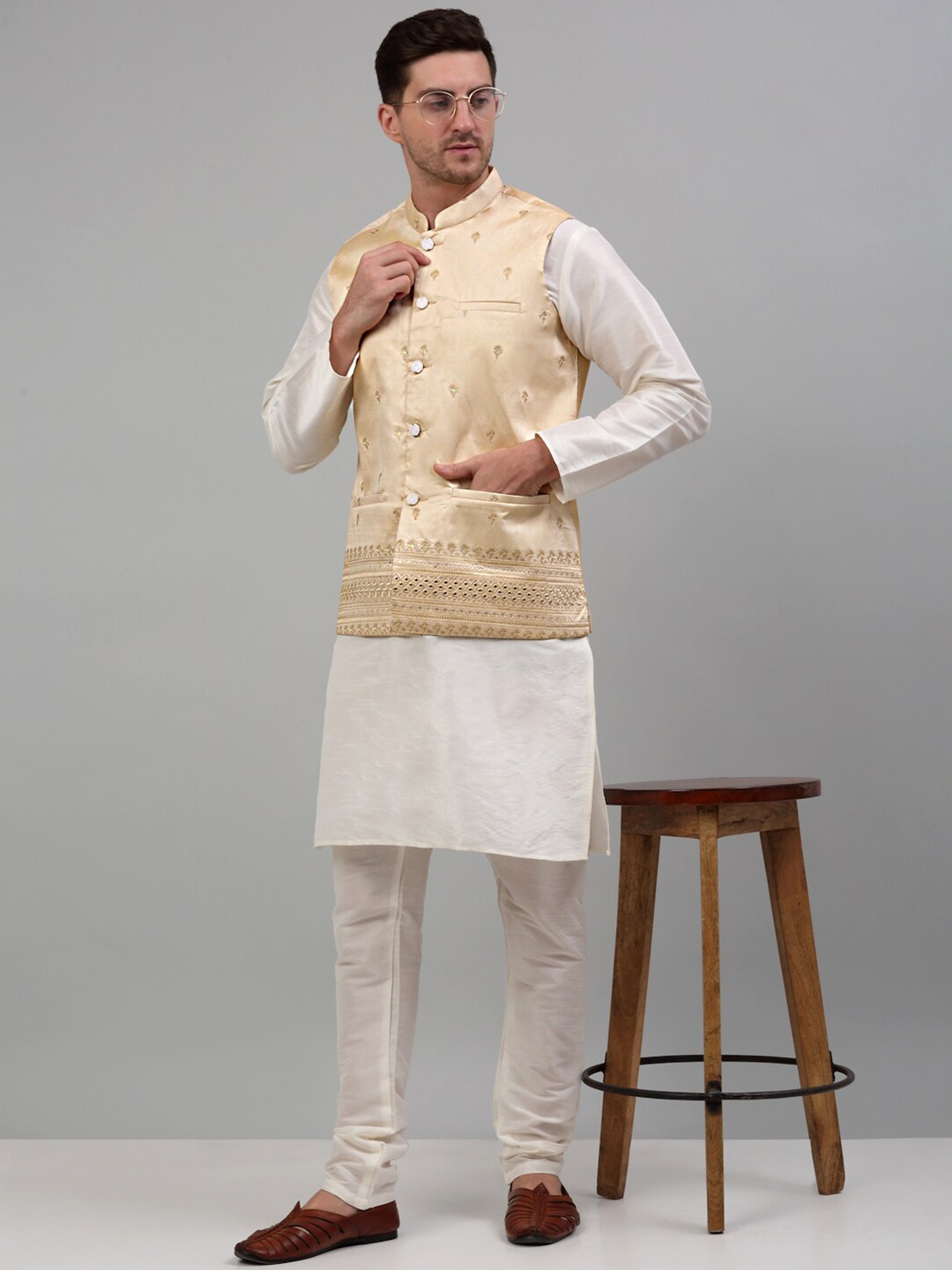 

Jompers Band Collar Kurta with Churidar & Nehru Jacket, White