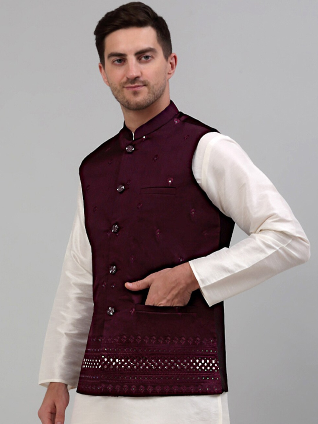 

Jompers Embroidered Silk & Cotton Nehru Jacket, Maroon