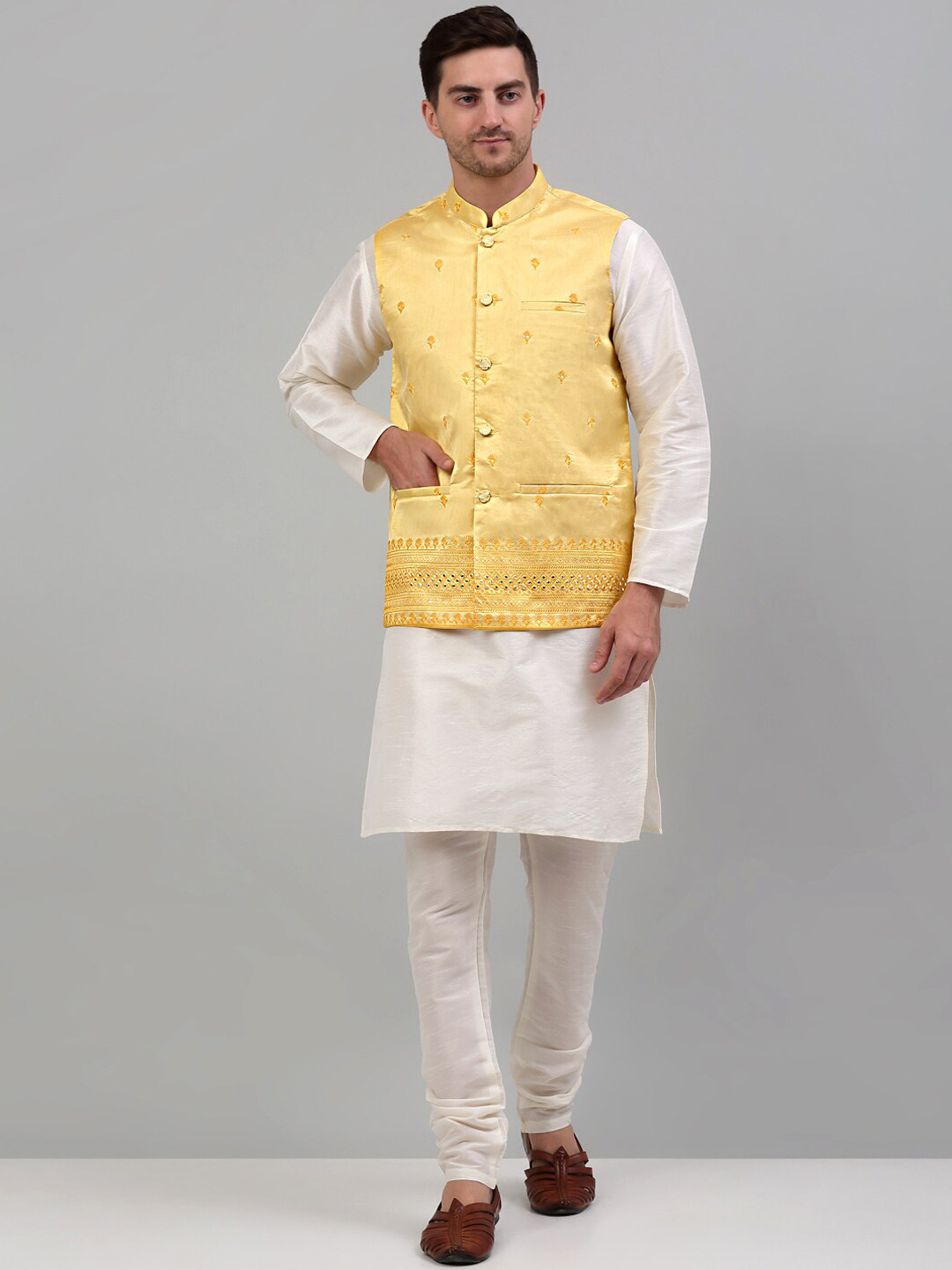 

Jompers Embroidered Silk Cotton Nehru Jackets, Yellow