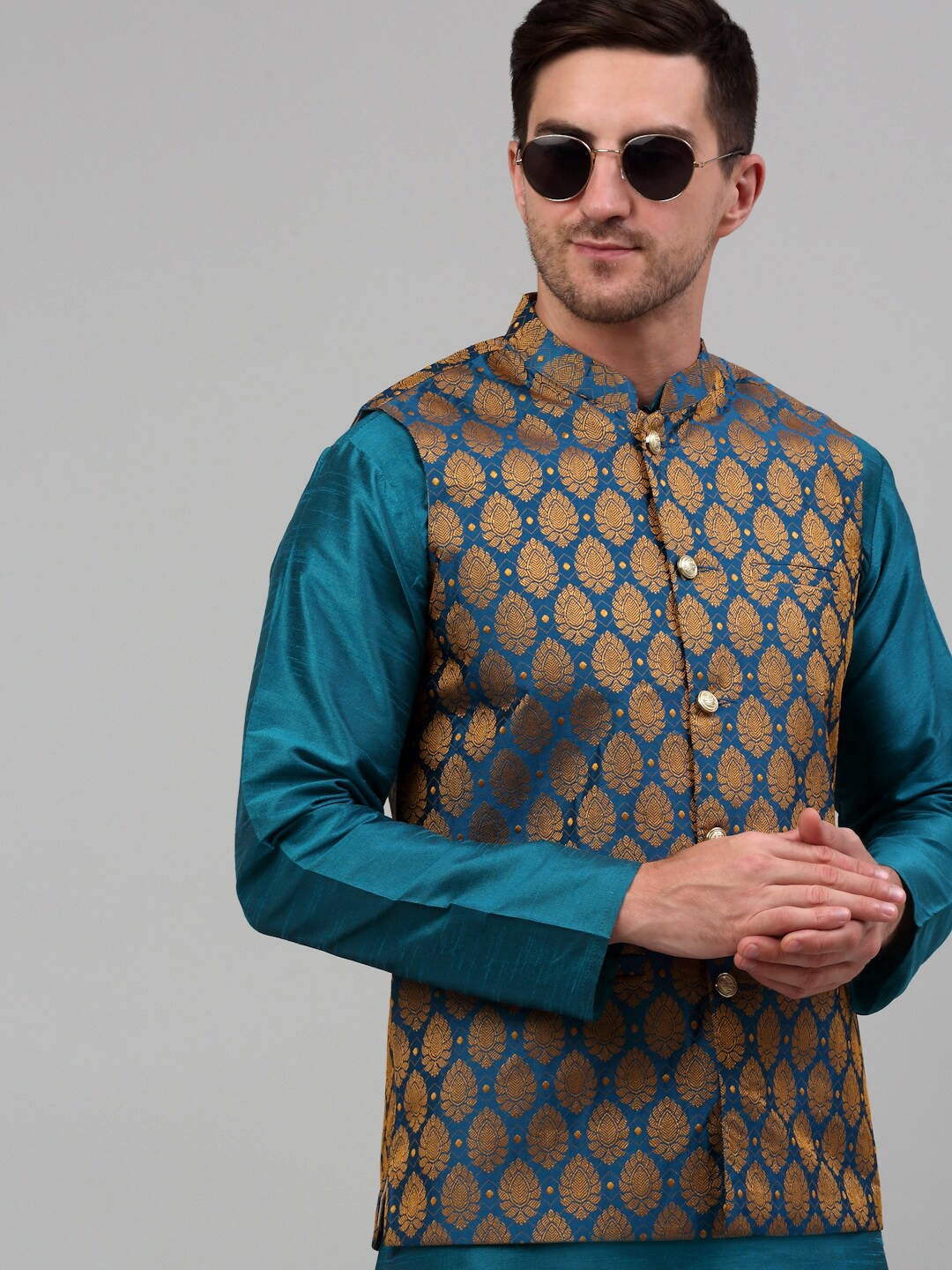 

Jompers Ethnic Motifs Woven Design Nehru Jacket, Blue