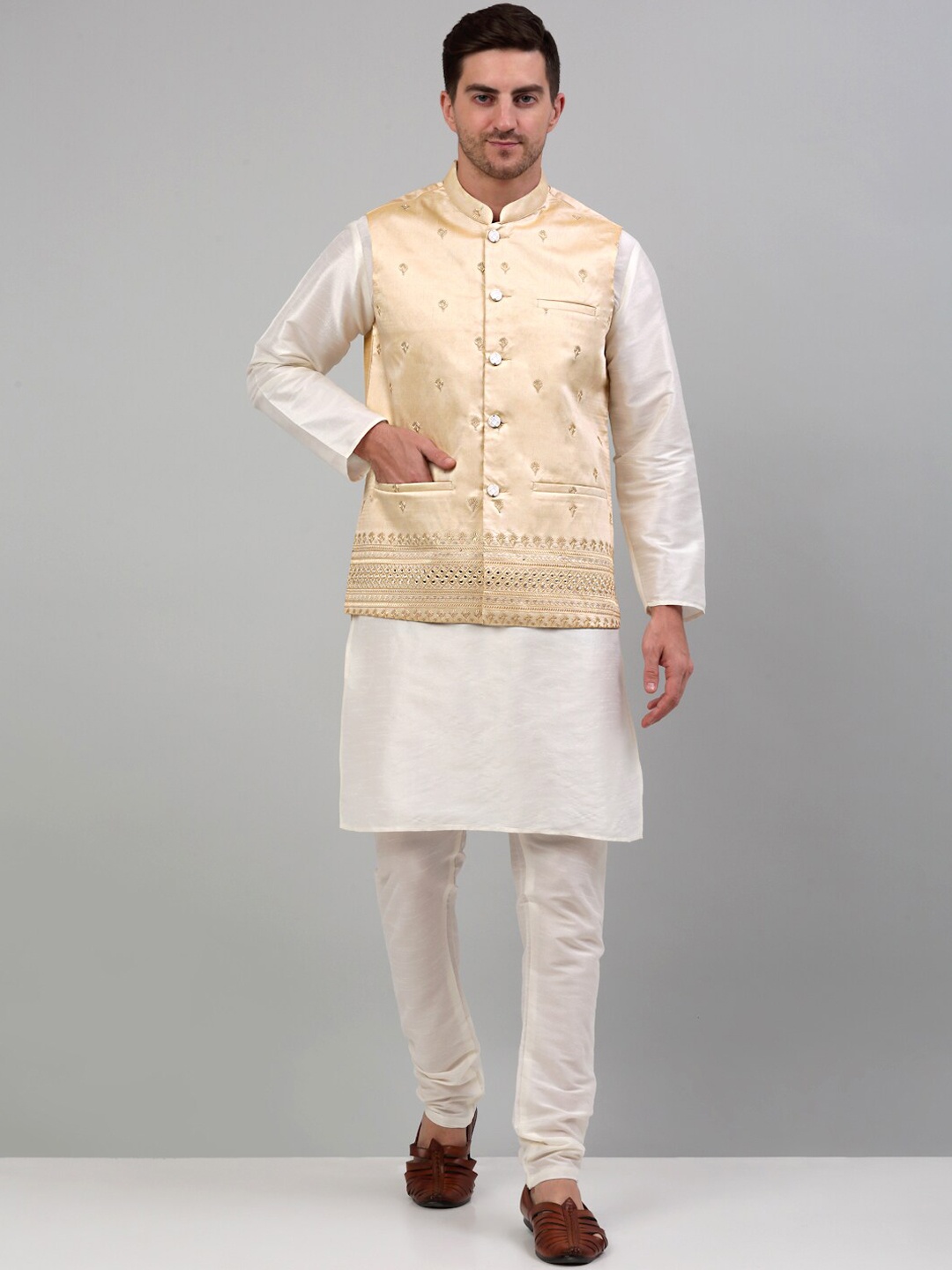 

Jompers Embroidered Silk Cotton Nehru Jackets, Gold