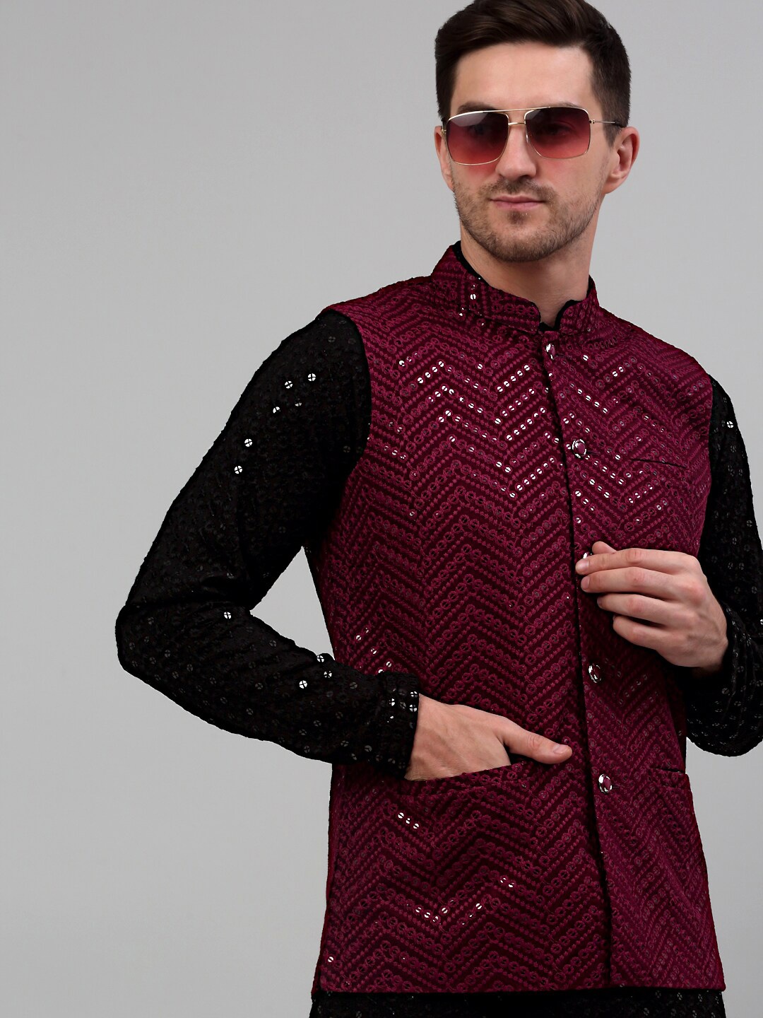 

Jompers Embroidered Nehru Jacket, Maroon