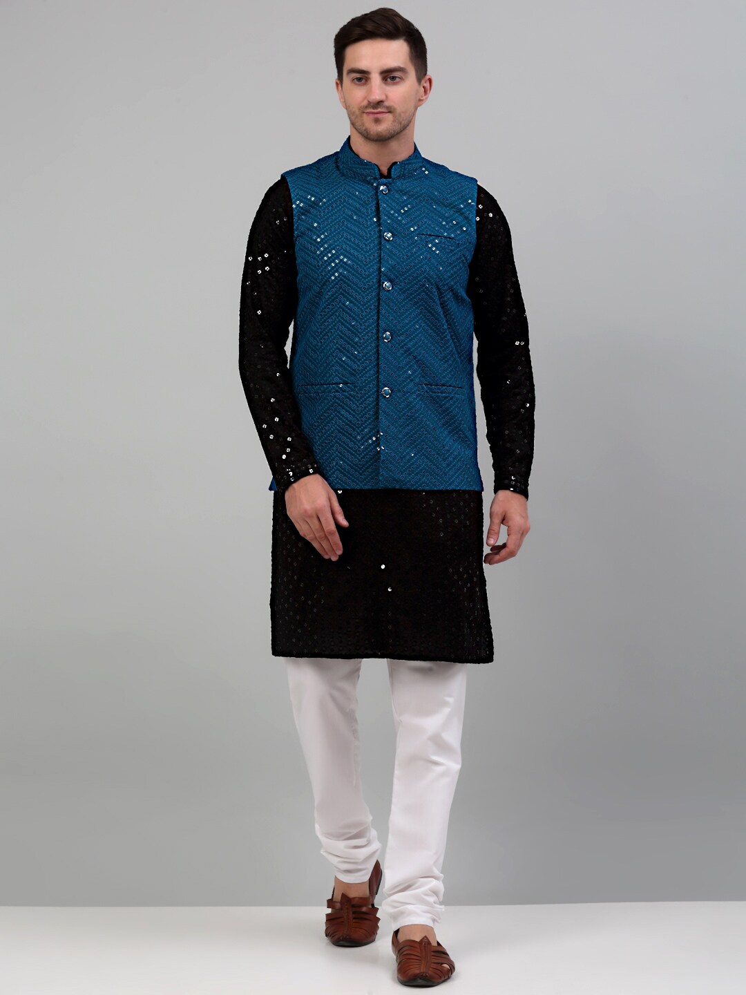 

Jompers Embroidered Silk Cotton Nehru Jackets, Blue