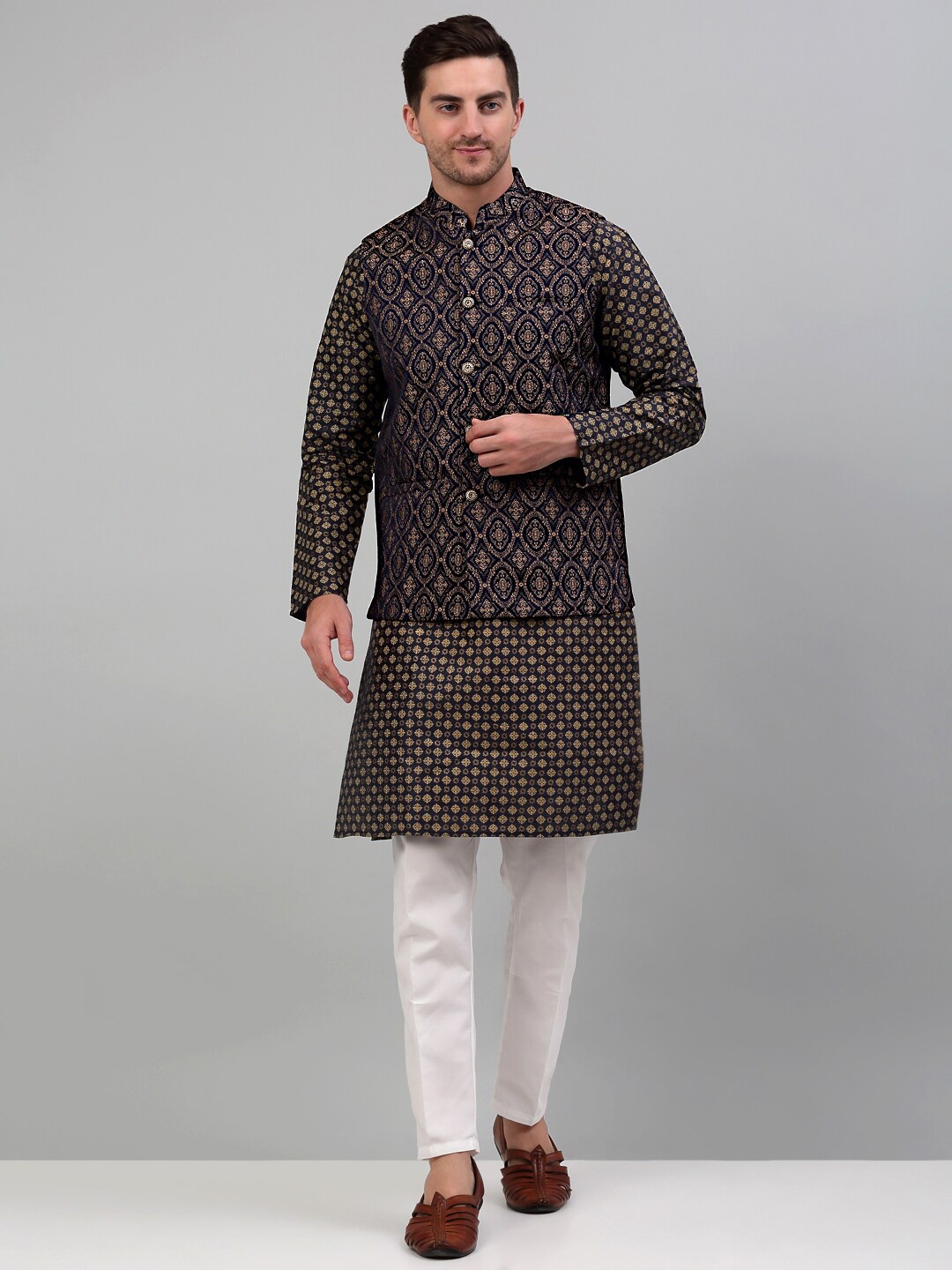 

Jompers Woven Design Silk Cotton Nehru Jacket, Navy blue