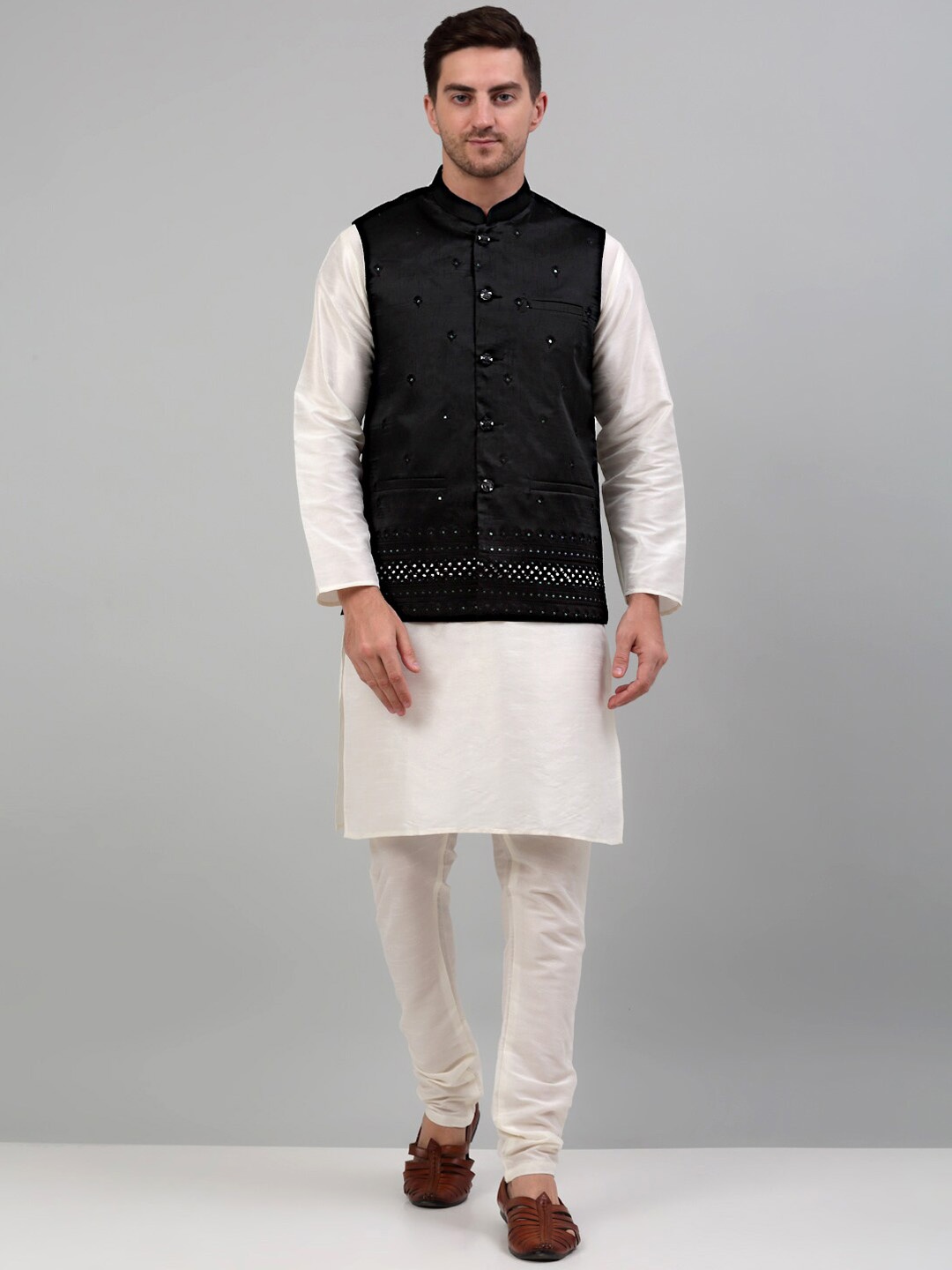 

Jompers Embroidered Silk Cotton Nehru Jackets, Black