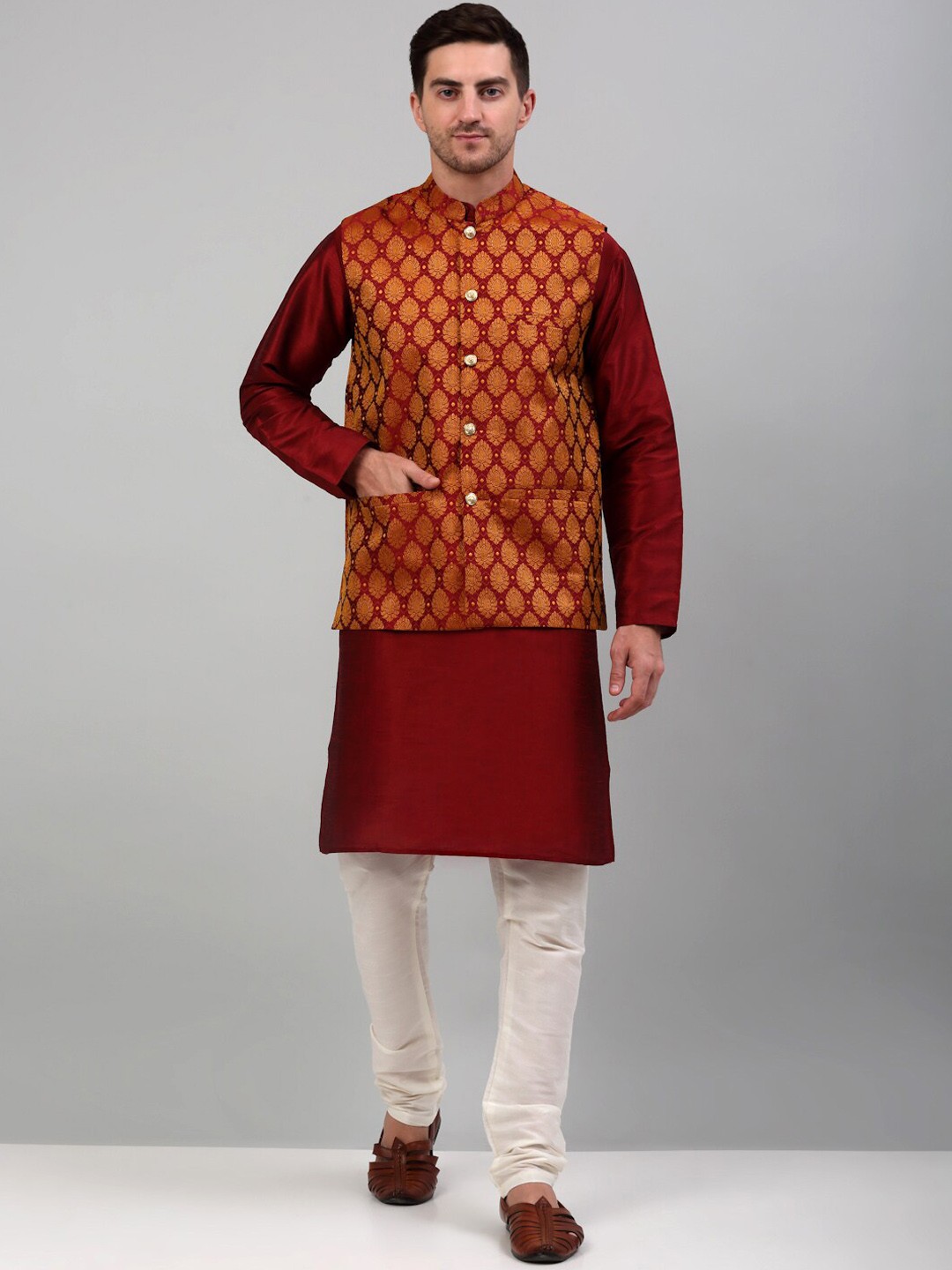 

Jompers Woven Design Silk Cotton Nehru Jackets, Maroon