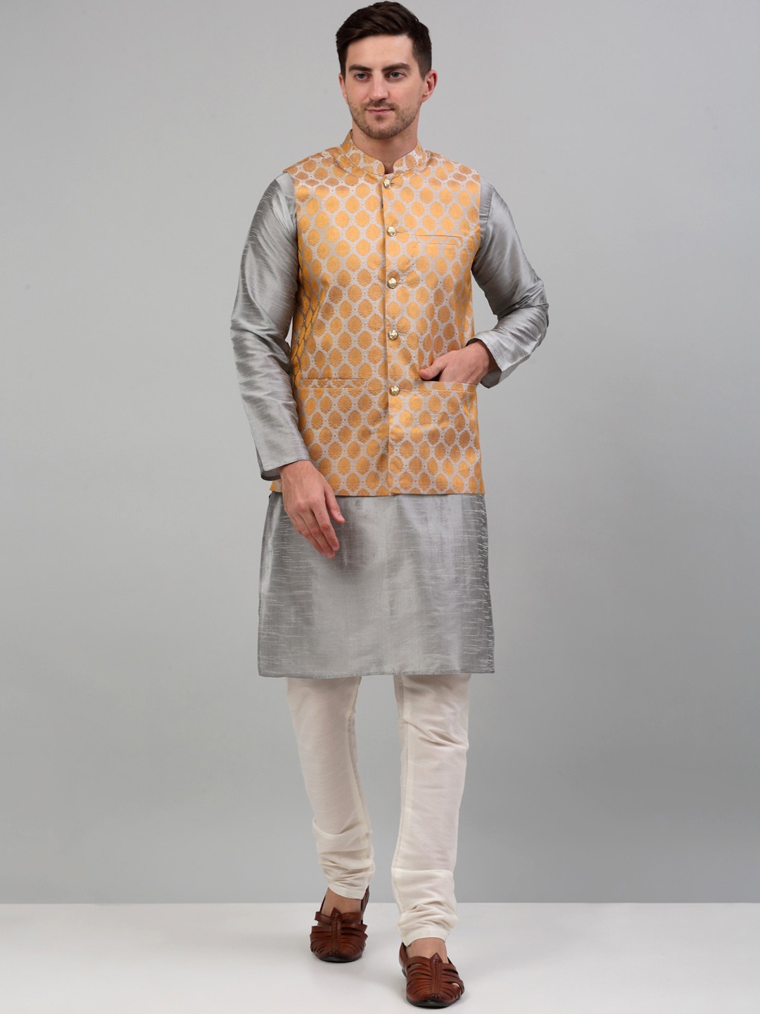 

Jompers Woven Design Silk Cotton Nehru Jackets, Silver
