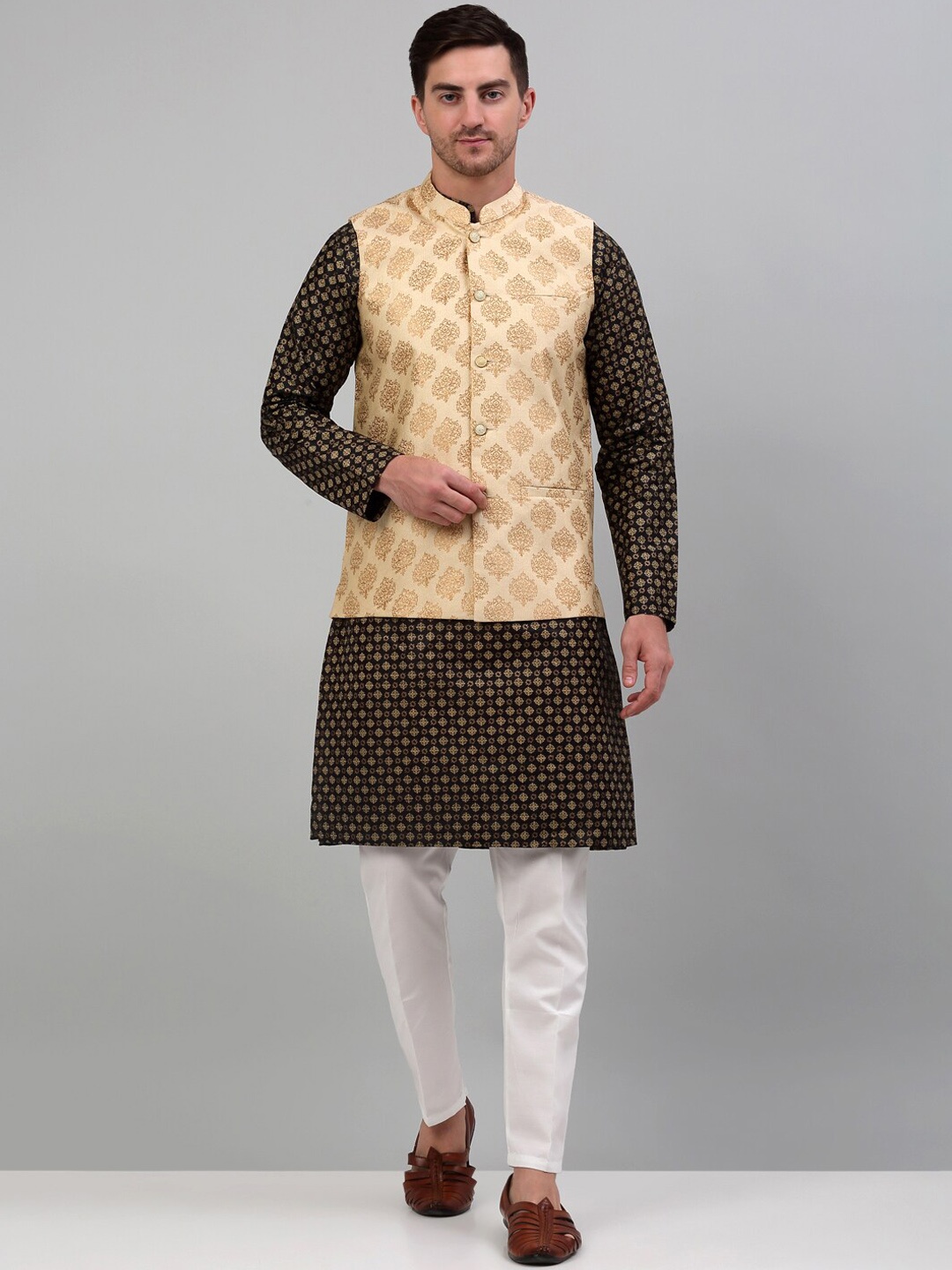 

Jompers Woven Design Silk Cotton Nehru Jackets, Cream