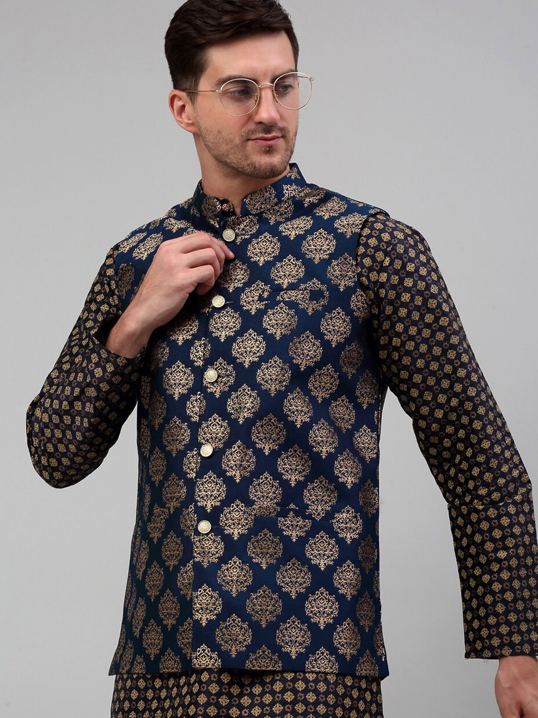 

Jompers Ethnic Motifs Printed Silk Cotton Nehru Jackets, Navy blue