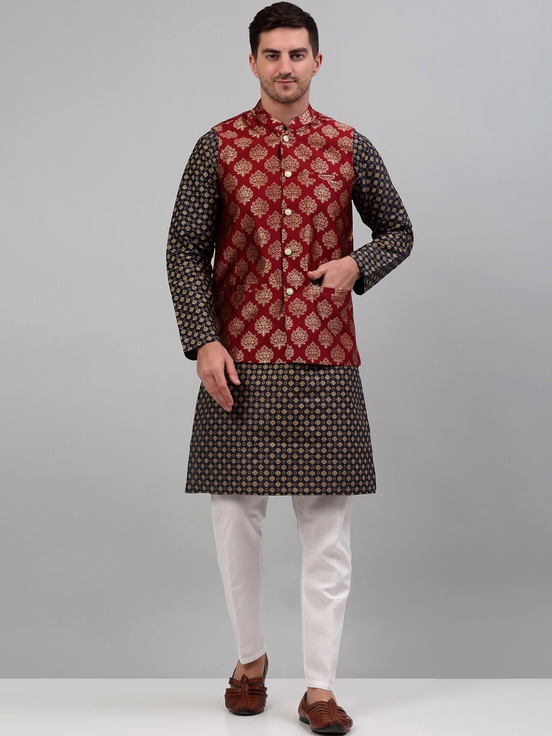 

Jompers Ethnic Motifs Printed Silk Cotton Nehru Jackets, Maroon