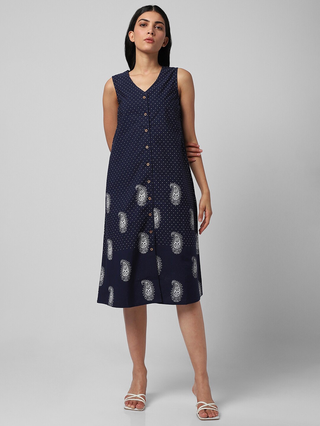 

Van Heusen Woman Ethnic Motifs Printed Pure Cotton A-Line Dress, Navy blue