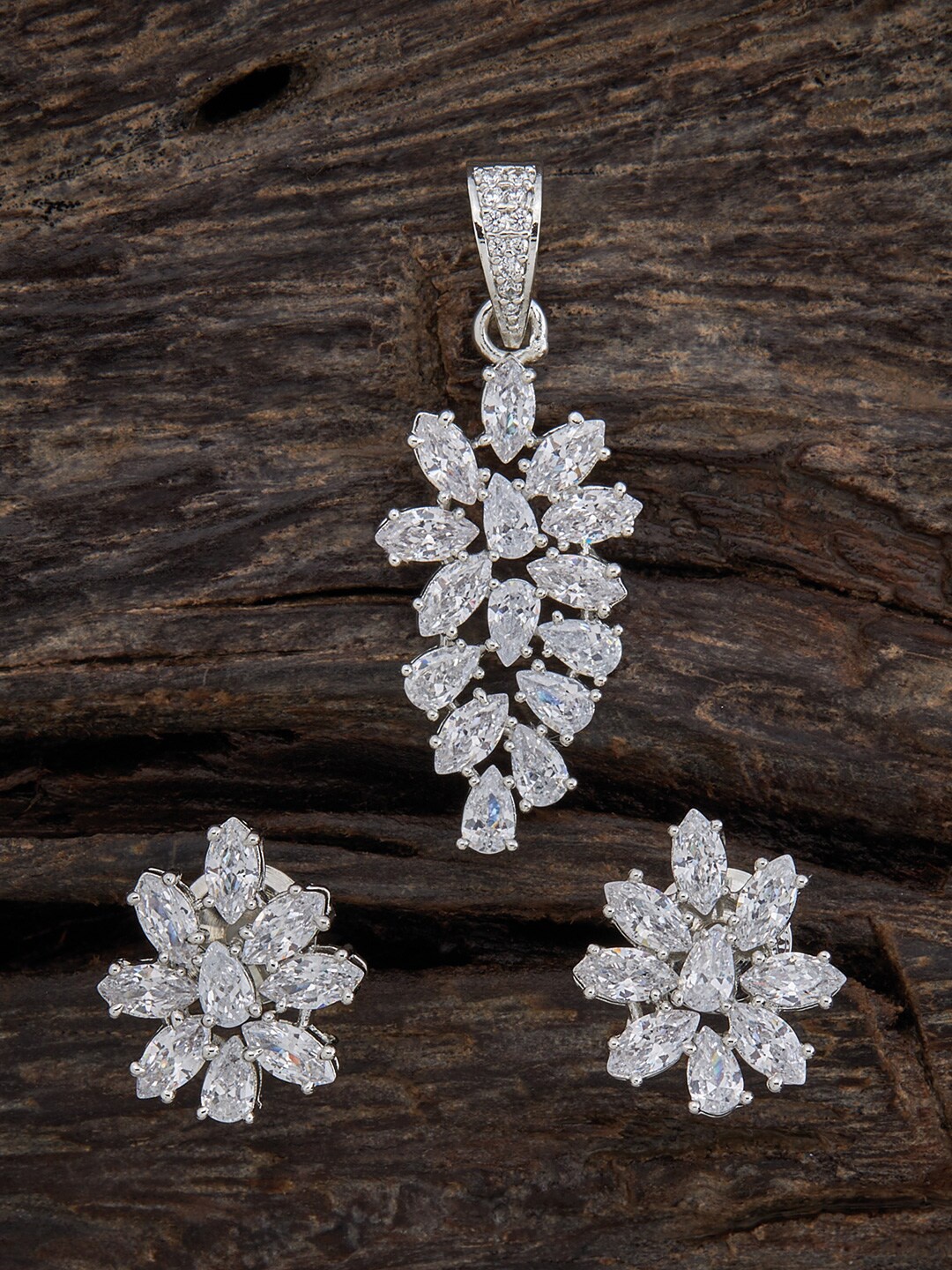

Kushal's Fashion Jewellery Rhodium-Plated CZ-Studded Pendant Set, Silver