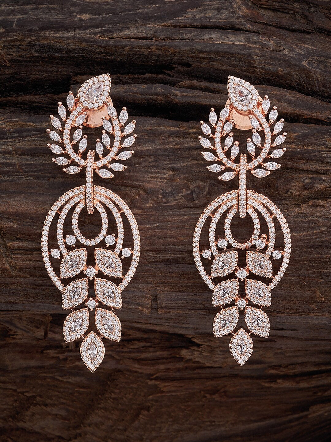 

Kushal's Fashion Jewellery Rose Gold-Plated CZ Studded Leaf Shaped Drop Earrings, White