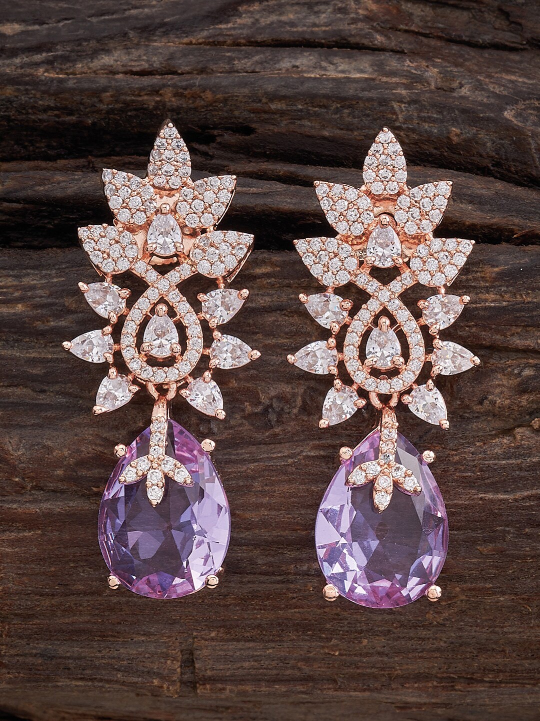 

Kushal's Fashion Jewellery Rose Gold-Plated Leaf Shaped CZ Drop Earrings