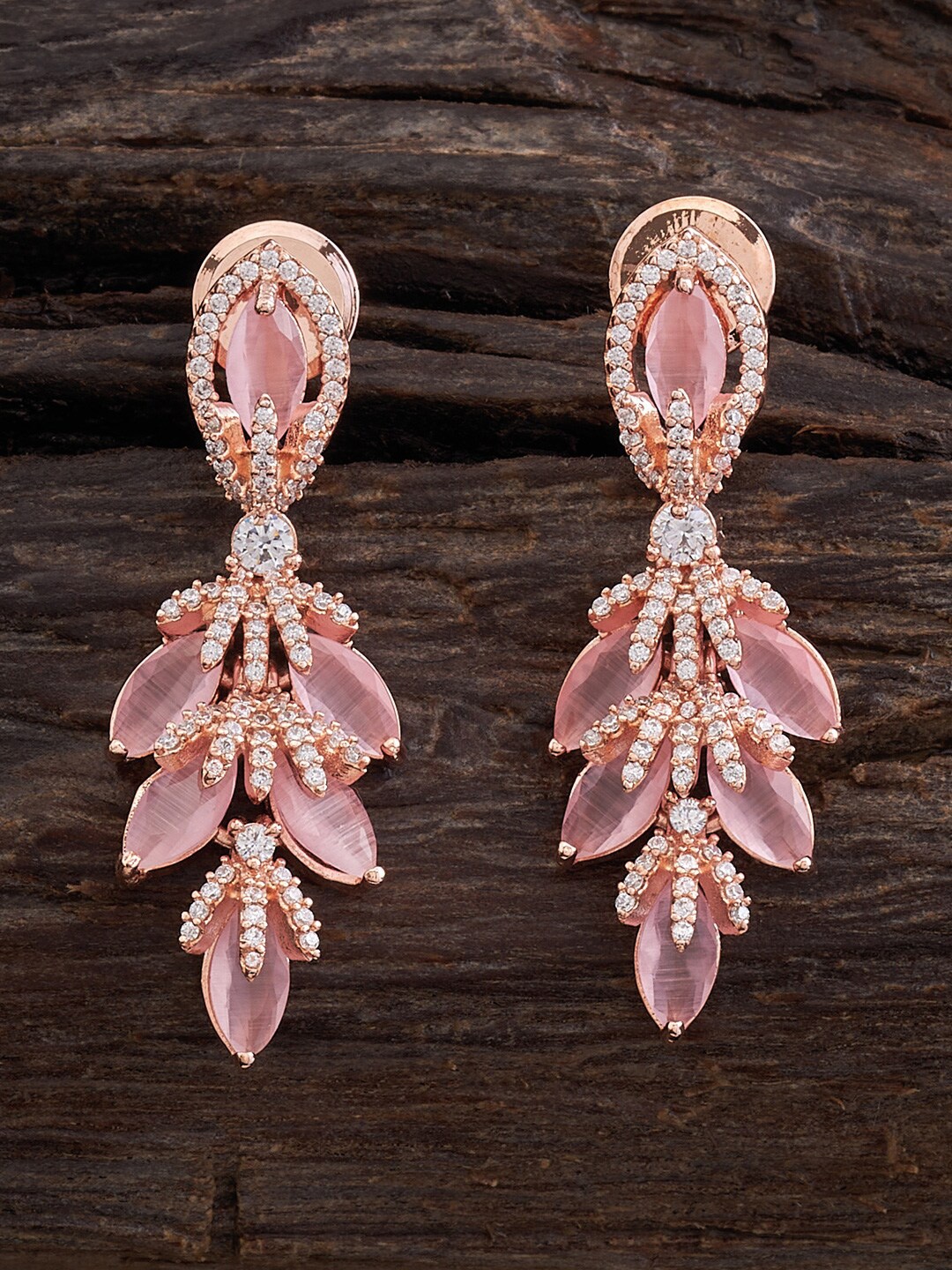 

Kushal's Fashion Jewellery Rose Gold Plated Zircon Studded Leaf Shaped Drop Earrings