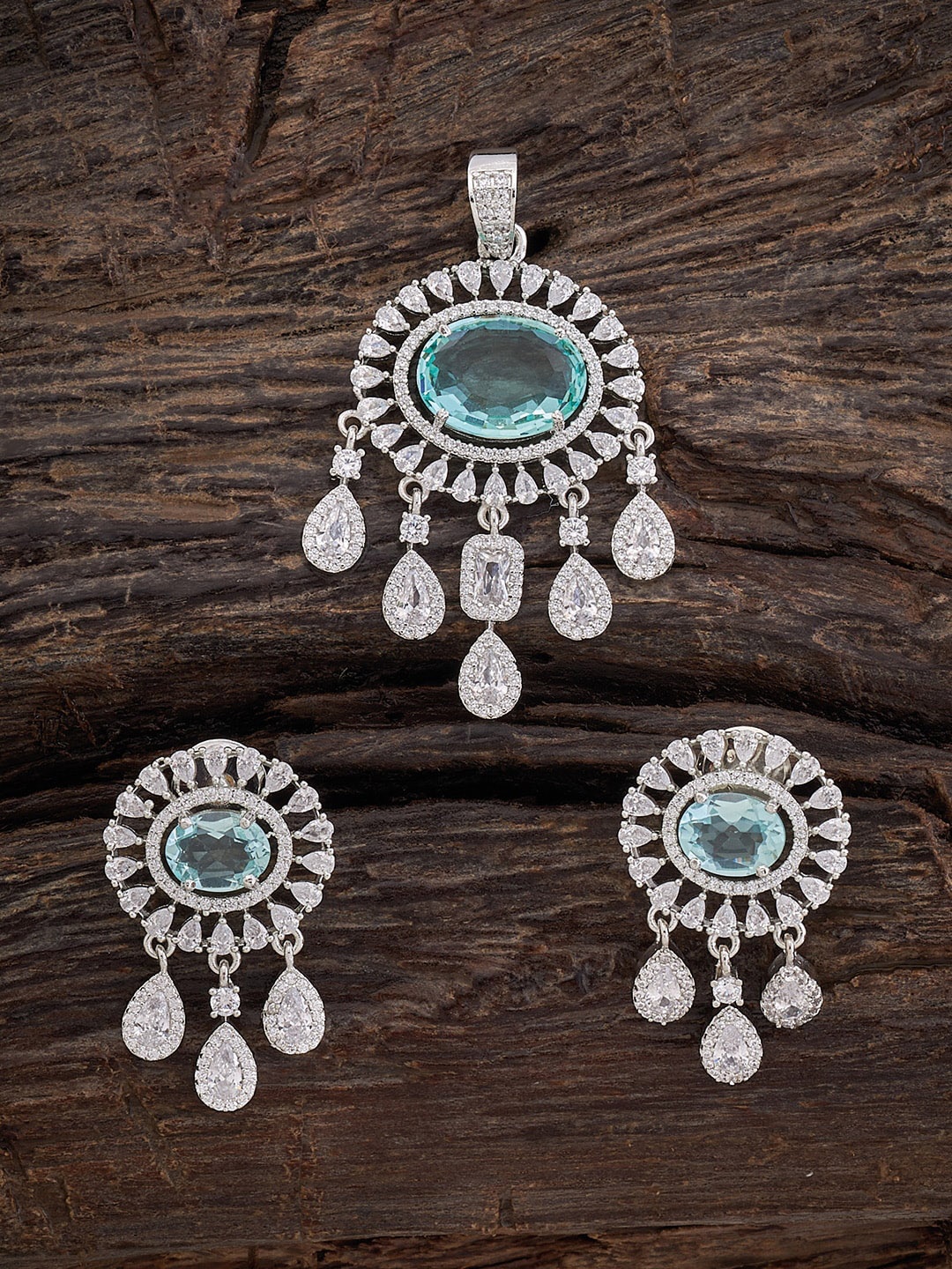 

Kushal's Fashion Jewellery Rhodium-Plated CZ-Studded Pendant With Earrings, Silver
