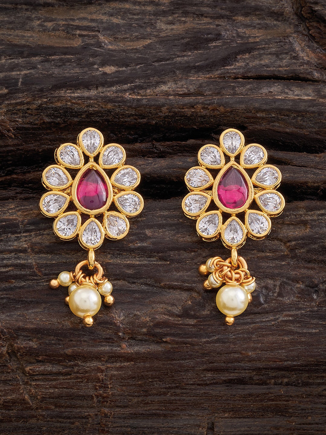 

Kushal's Fashion Jewellery Gold Plated Stone Studded Teardrop Shaped Drop Earrings, White
