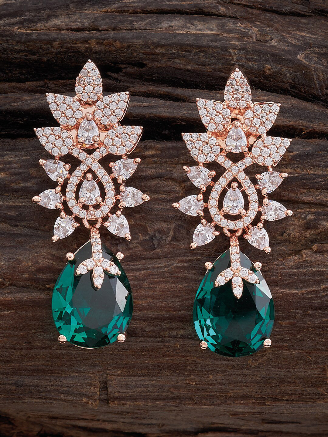 

Kushal's Fashion Jewellery Rose Gold-Plated CZ-Studded Leaf Shaped Drop Earrings