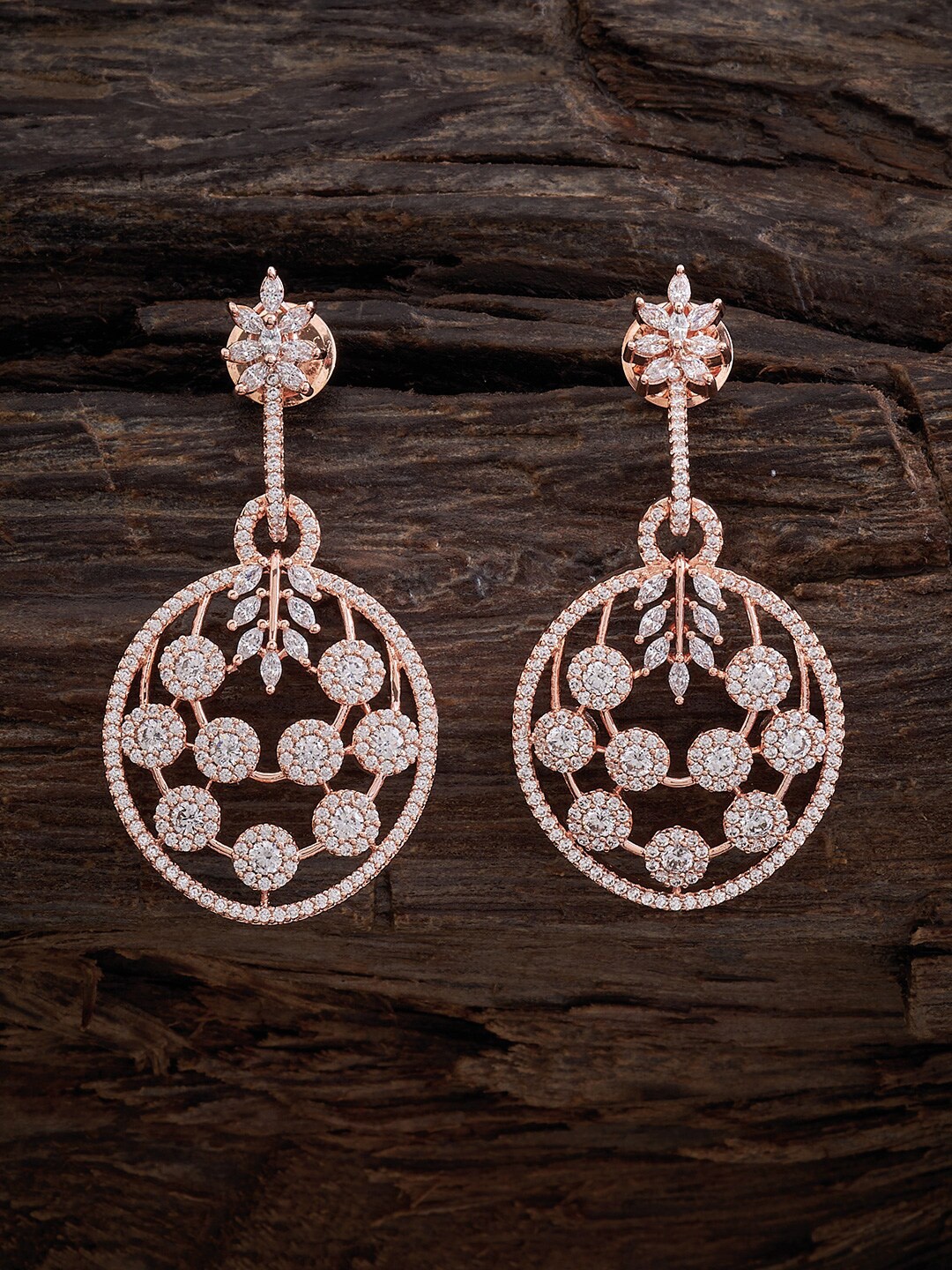 

Kushal's Fashion Jewellery Rose Gold-Plated CZ-Studded Circular Drop Earrings