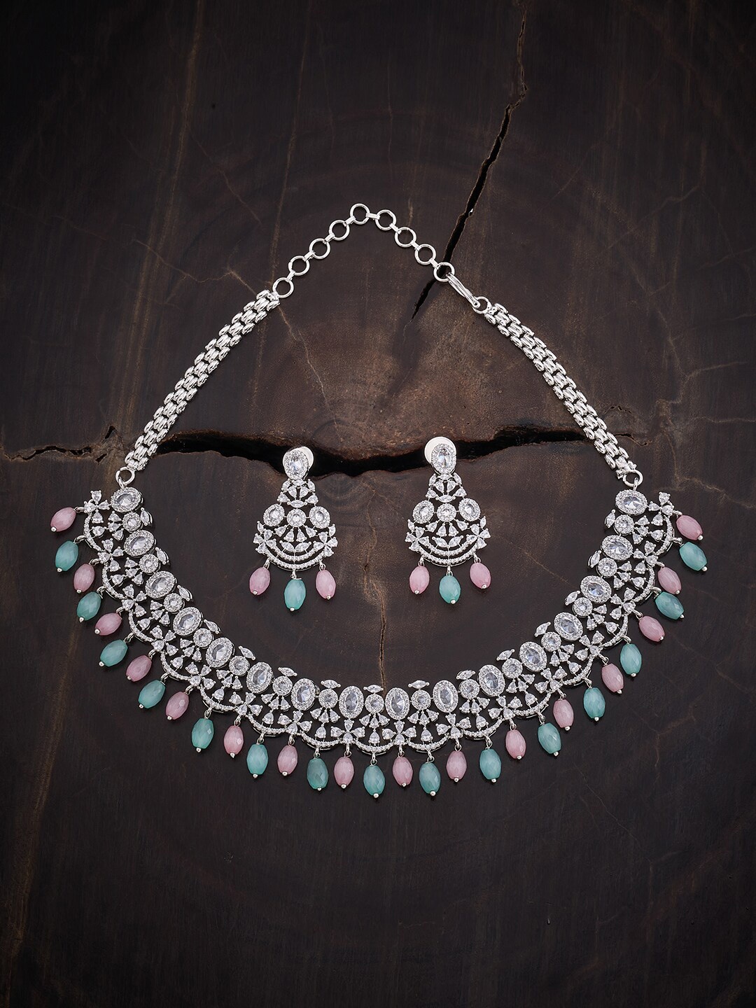 

Kushal's Fashion Jewellery Rhodium-Plated CZ-Studded & Beaded Jewellery Set, Silver