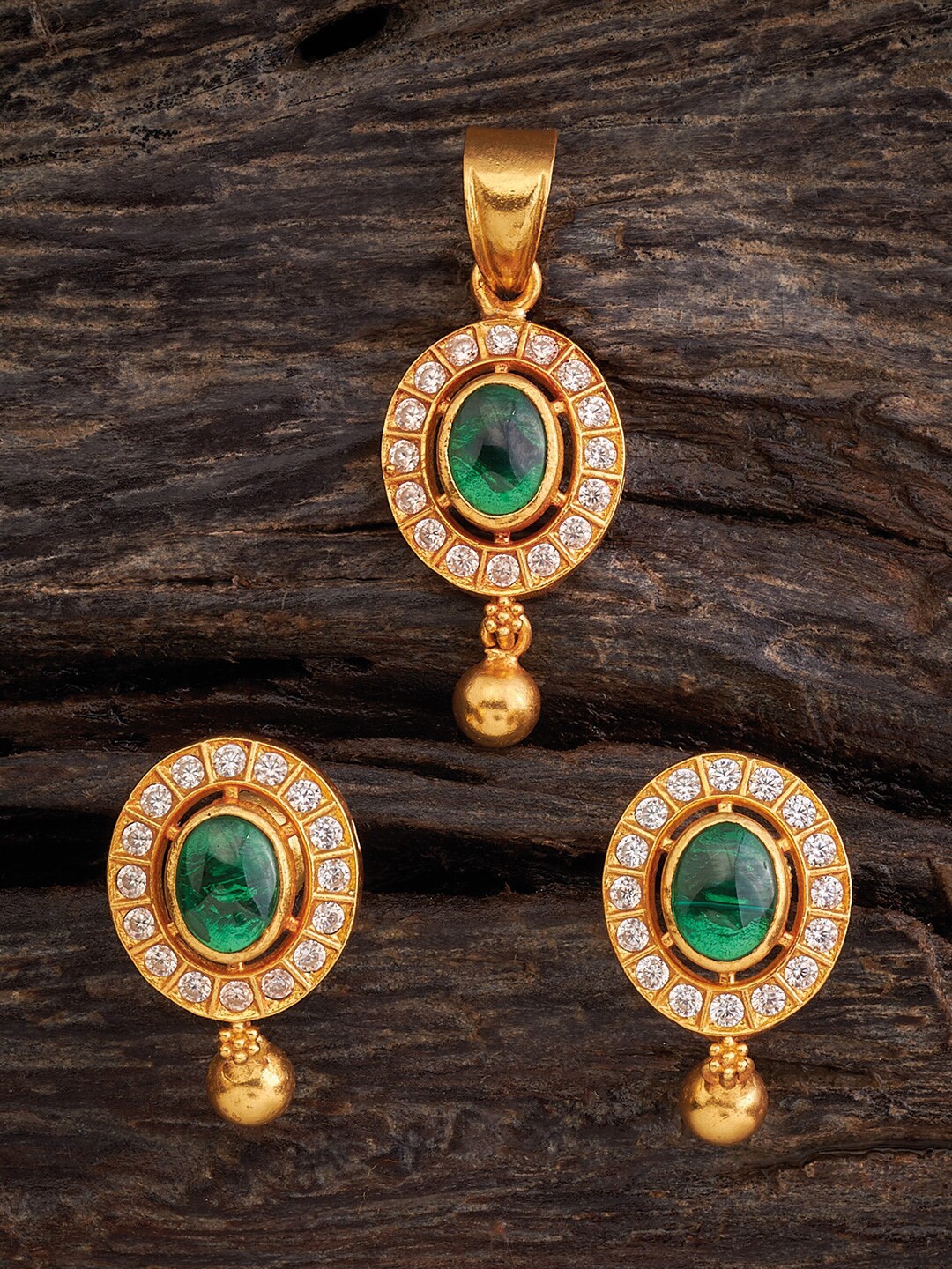 

Kushal's Fashion Jewellery Stone-Studded Pendant With Earrings, Gold