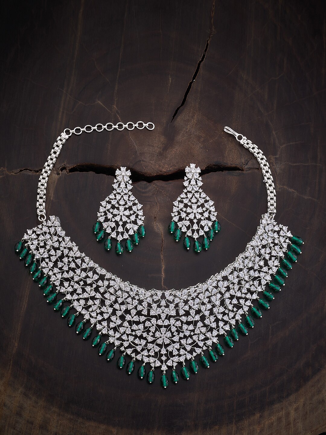 

Kushal's Fashion Jewellery Rhodium-Plated CZ-Studded & Beaded JewellerySet, Silver
