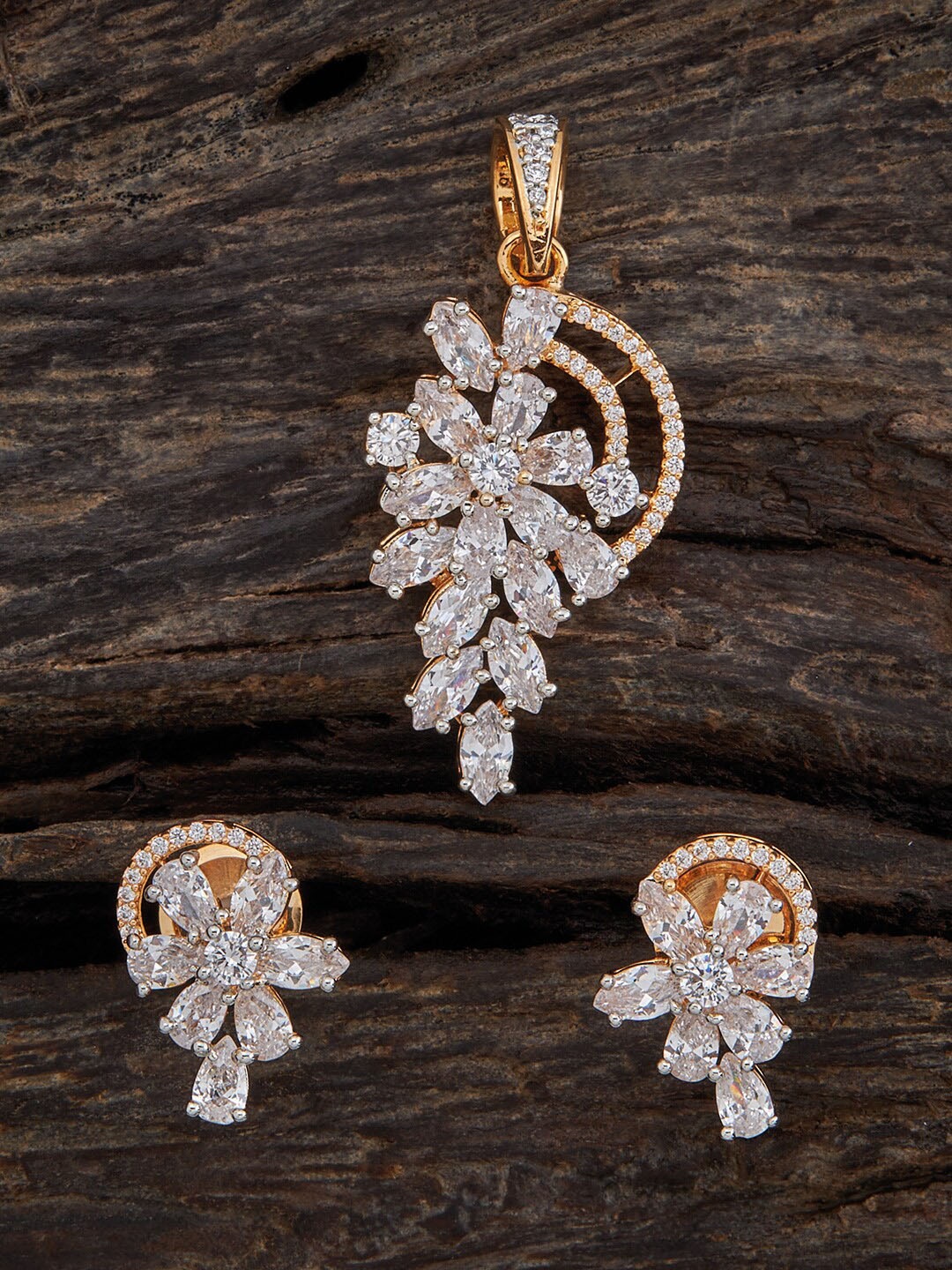 

Kushal's Fashion Jewellery Rose Gold-Plated CZ-Studded Pendant With Earrings, White