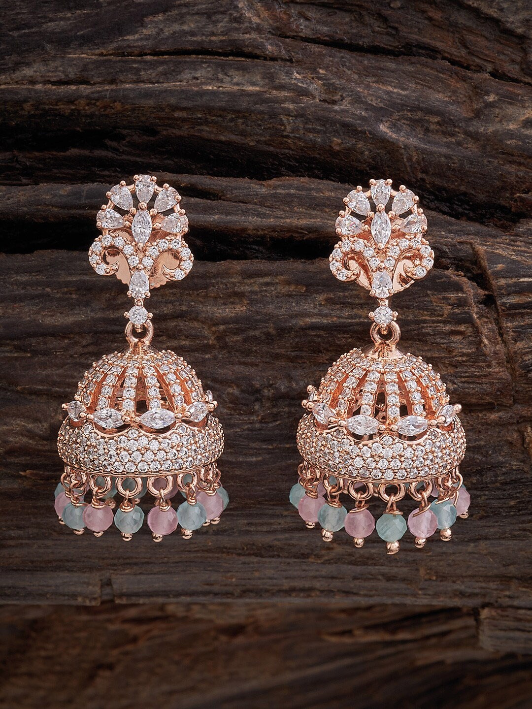

Kushal's Fashion Jewellery Rose Gold-Plated CZ-Studded Dome Shaped Jhumkas
