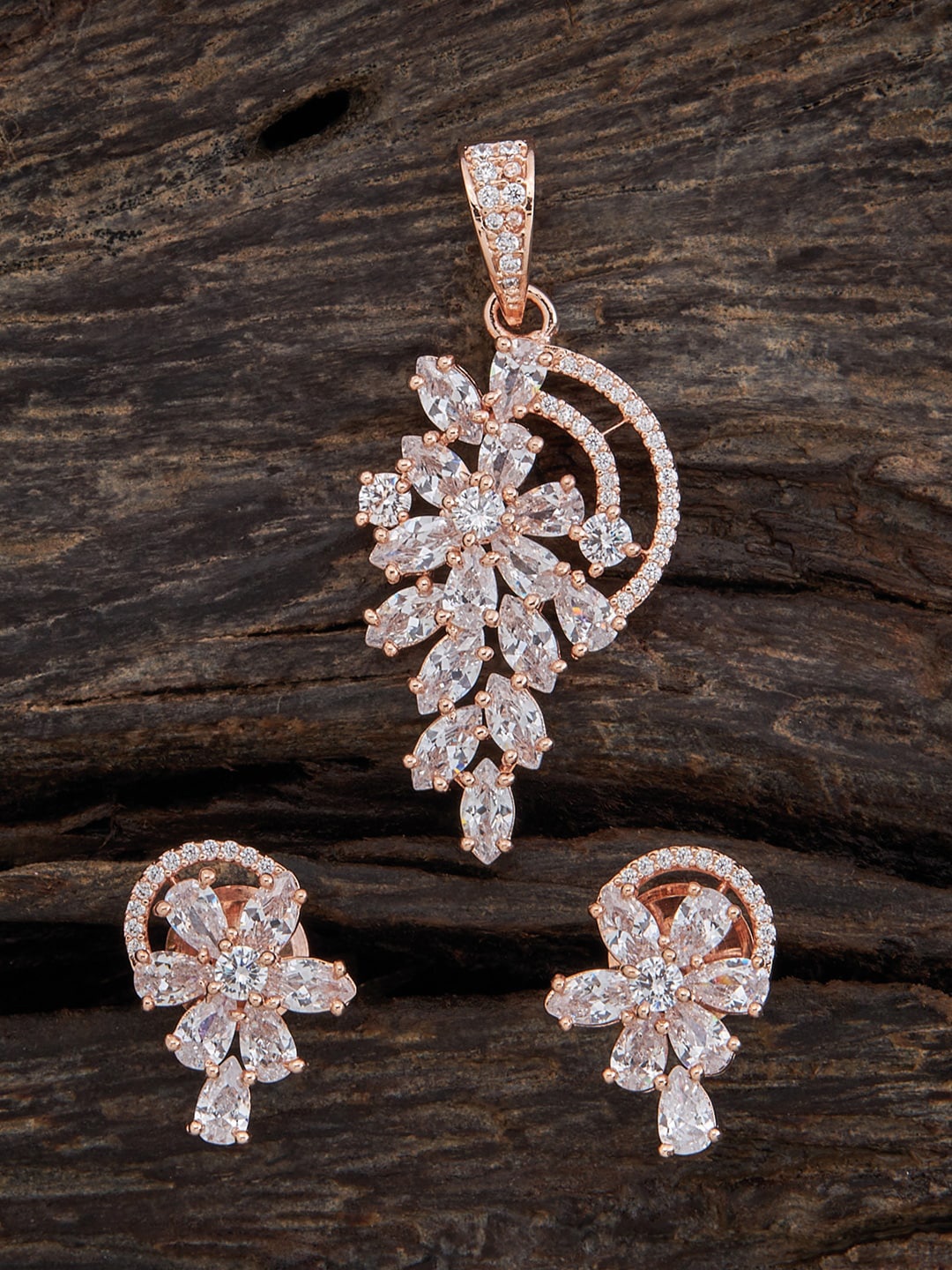 

Kushal's Fashion Jewellery Rose Gold-Plated CZ-Studded Pendant With Earrings