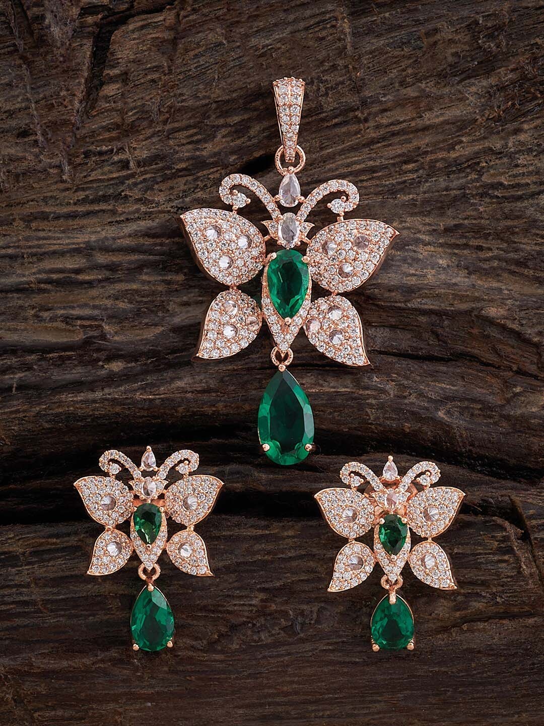 

Kushal's Fashion Jewellery Rose Gold-Plated CZ-Studded Pendant With Earrings