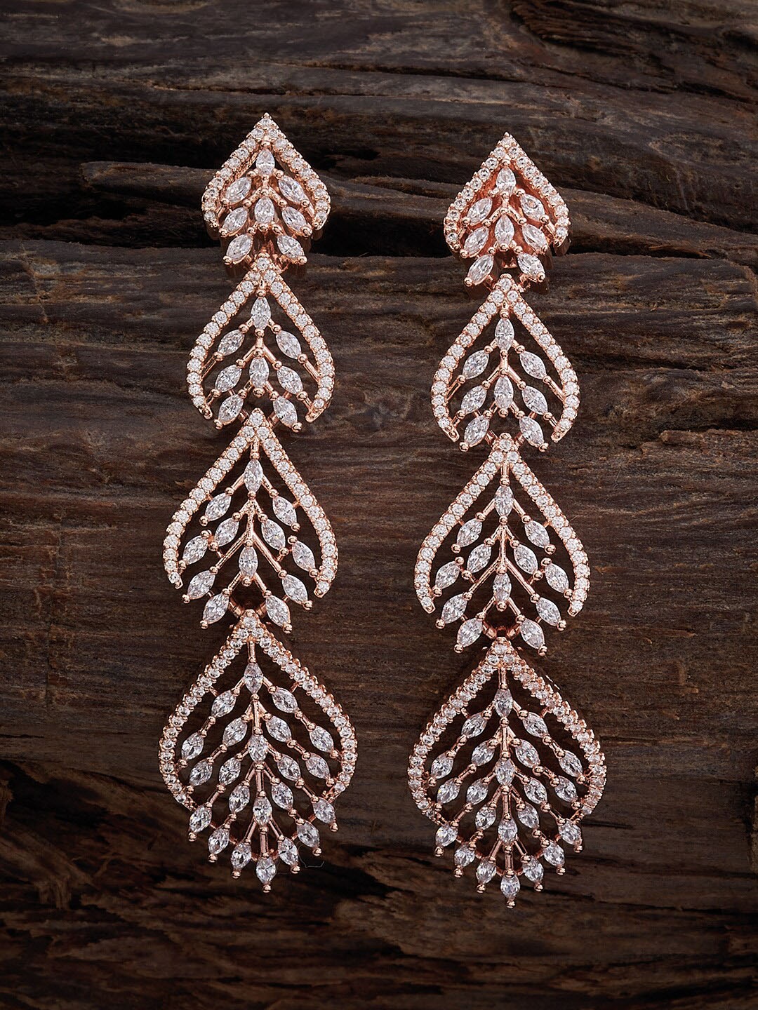 

Kushal's Fashion Jewellery Rose Gold-Plated CZ-Studded Leaf Shaped Drop Earrings