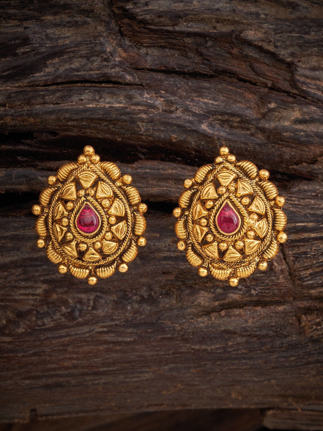 

Kushal's Fashion Jewellery Studded Teardrop Shaped 92.5 Pure Silver Studs Earrings, Gold