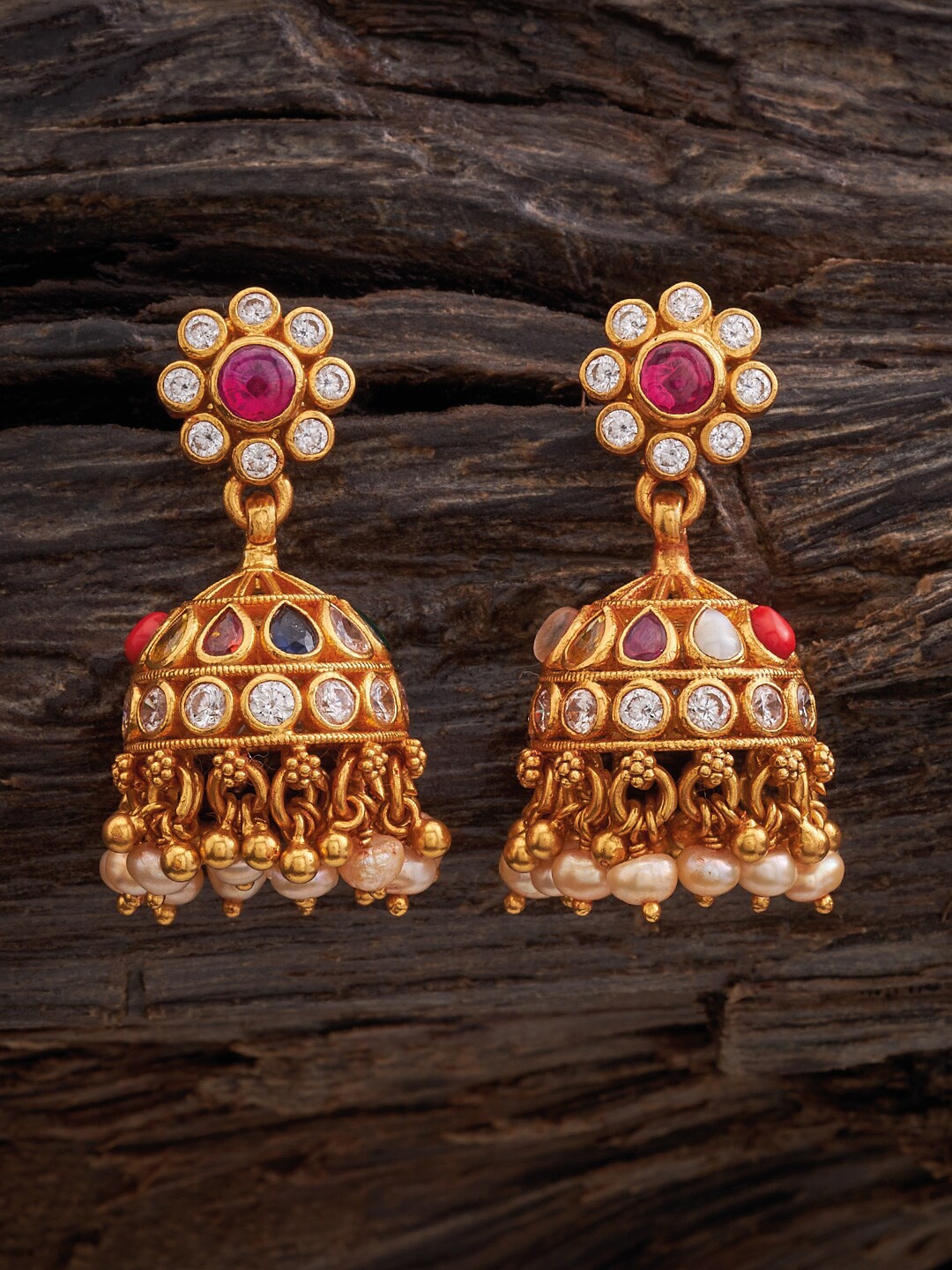 

Kushal's Fashion Jewellery 92.5 Pure Silver Rhodium-Plated Dome Shaped Jhumkas Earrings, Gold