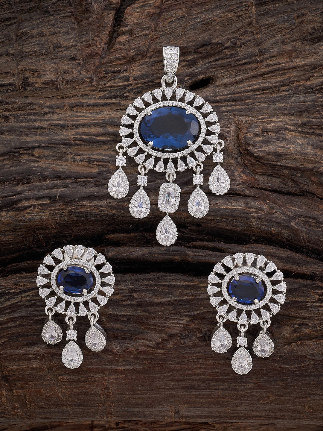

Kushal's Fashion Jewellery Rhodium-Plated CZ-Studded Pendant With Earrings, Silver
