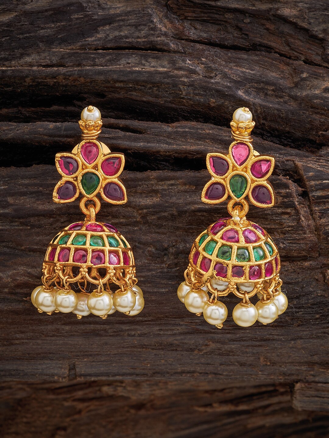 

Kushal's Fashion Jewellery Gold-Plated Stone Studded & Pearl Dome Shaped Jhumkas