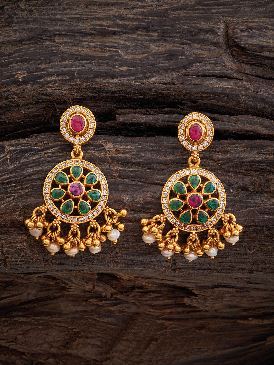 

Kushal's Fashion Jewellery Gold-Plated Stone Studded Circular Drop Earrings