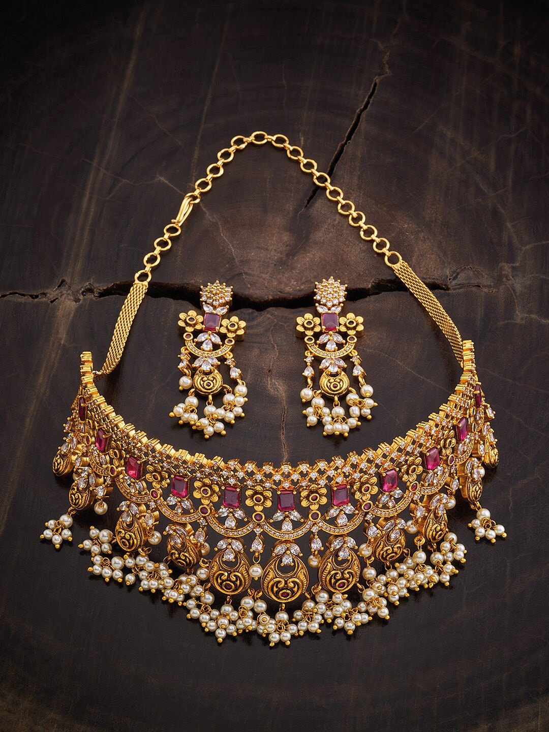 

Kushal's Fashion Jewellery Gold-Plated Stone-Studded & Beaded Jewellery Set, Red