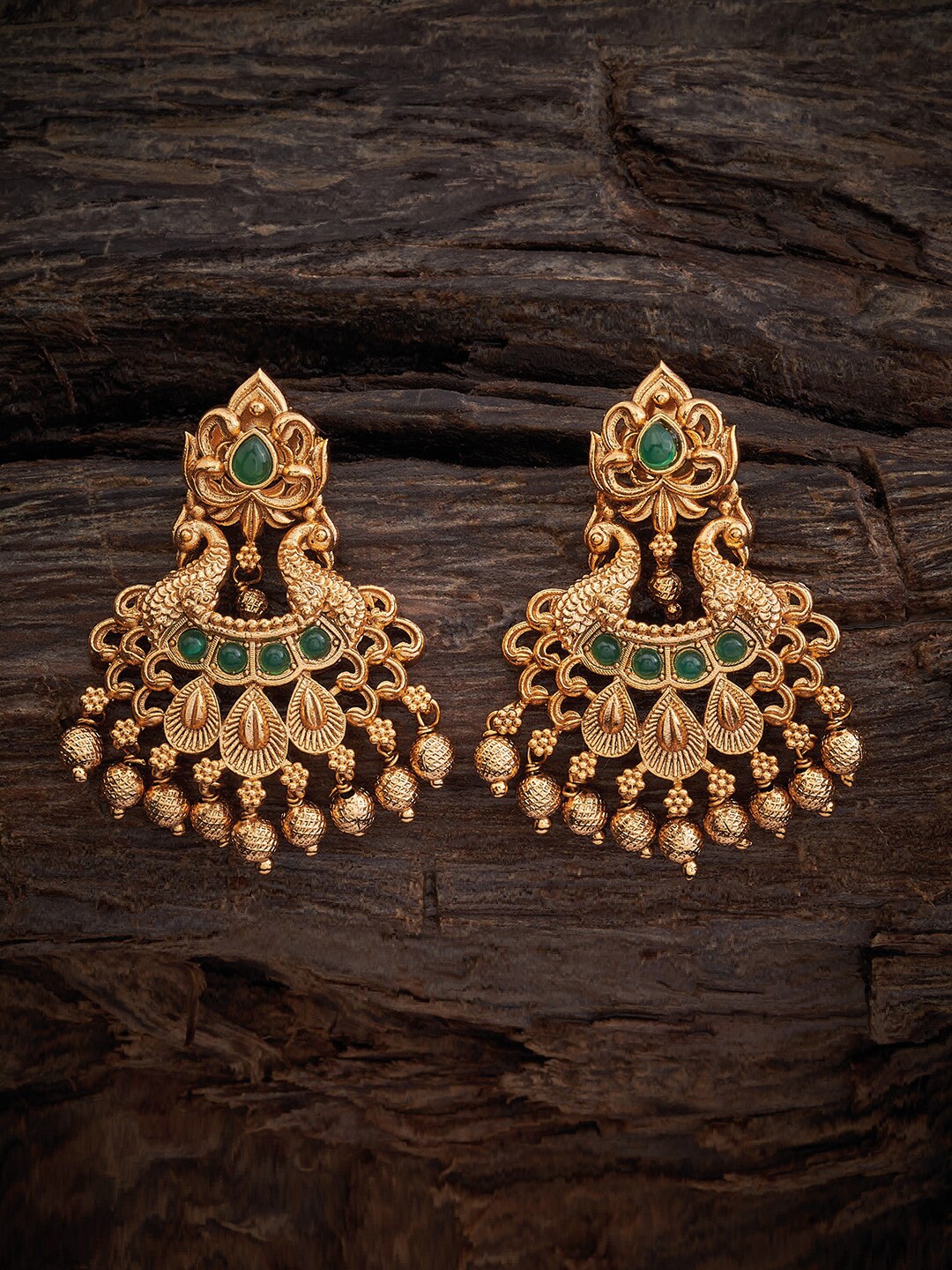 

Kushal's Fashion Jewellery Stone Studded Peacock Shaped Drop Earrings, Gold