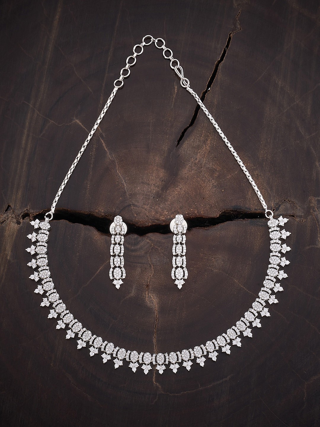 

Kushal's Fashion Jewellery Rhodium-Plated CZ-Studded Jewellery Set, Silver