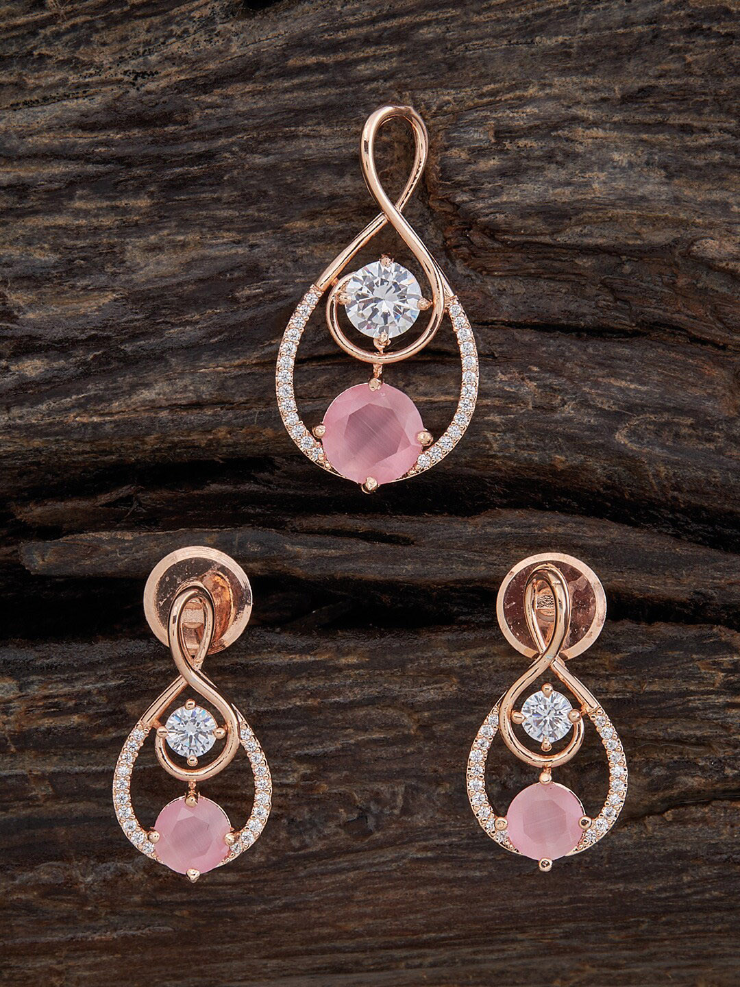 

Kushal's Fashion Jewellery Rose Gold-Plated CZ-Studded Pendant With Earrings