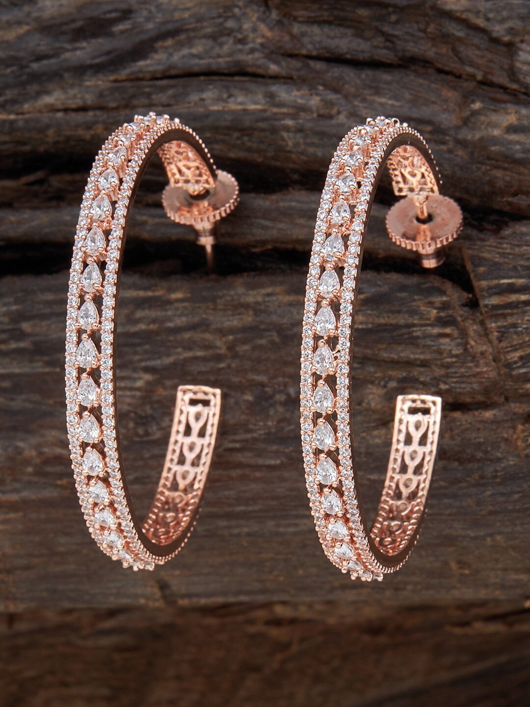 

Kushal's Fashion Jewellery Rose-Gold Plated Zircon-Studded Circular Half Hoop Earrings, White