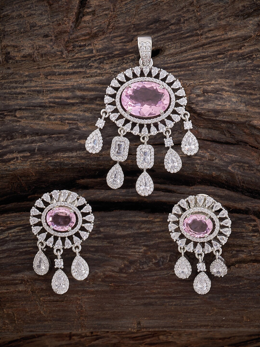 

Kushal's Fashion Jewellery Rhodium-Plated CZ-Studded Pendant With Earrings, Silver