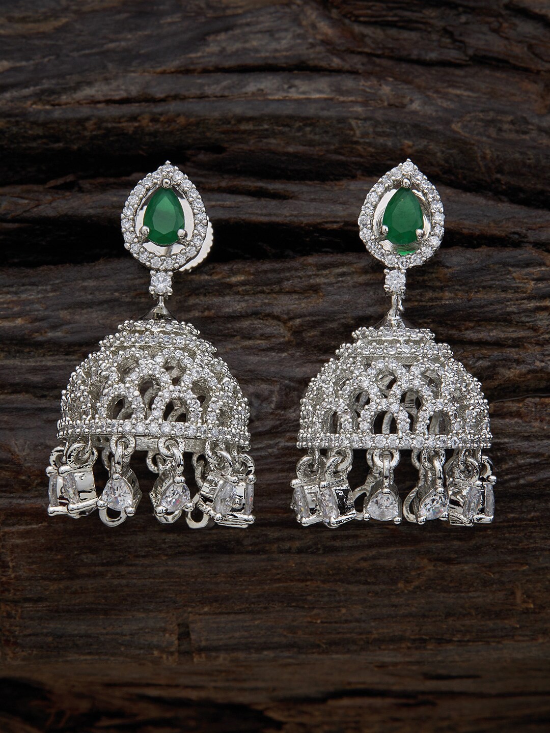 

Kushal's Fashion Jewellery Rose Gold-Plated Dome Shaped CZ Jhumkas Earrings, Silver