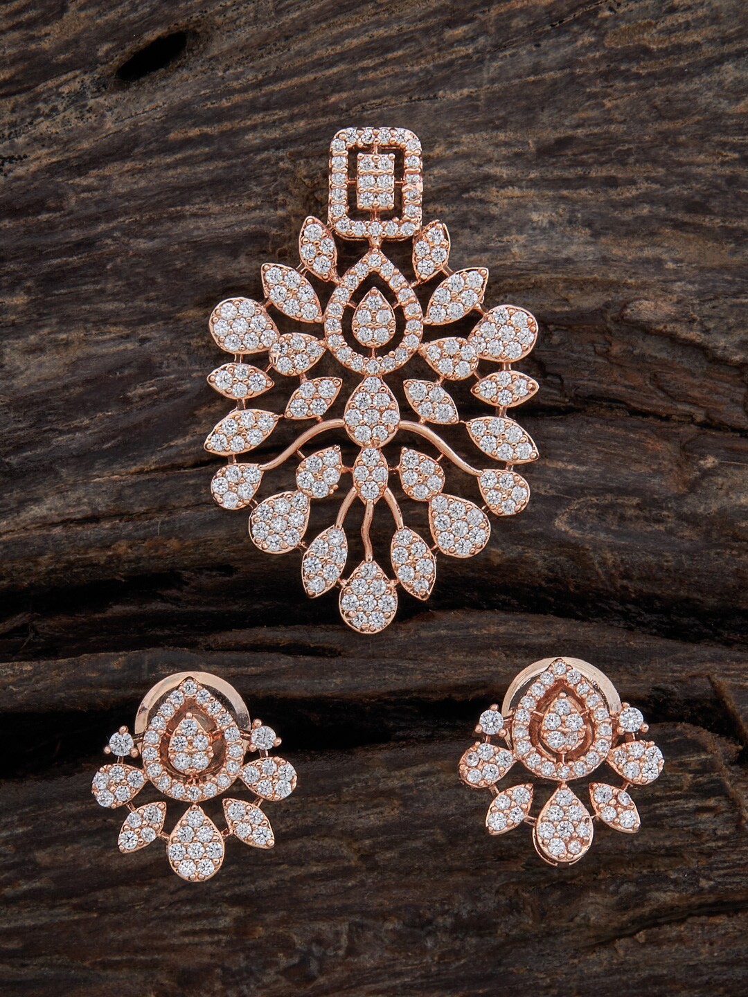 

Kushal's Fashion Jewellery Rose Gold-Plated CZ-Studded Pendant With Earrings