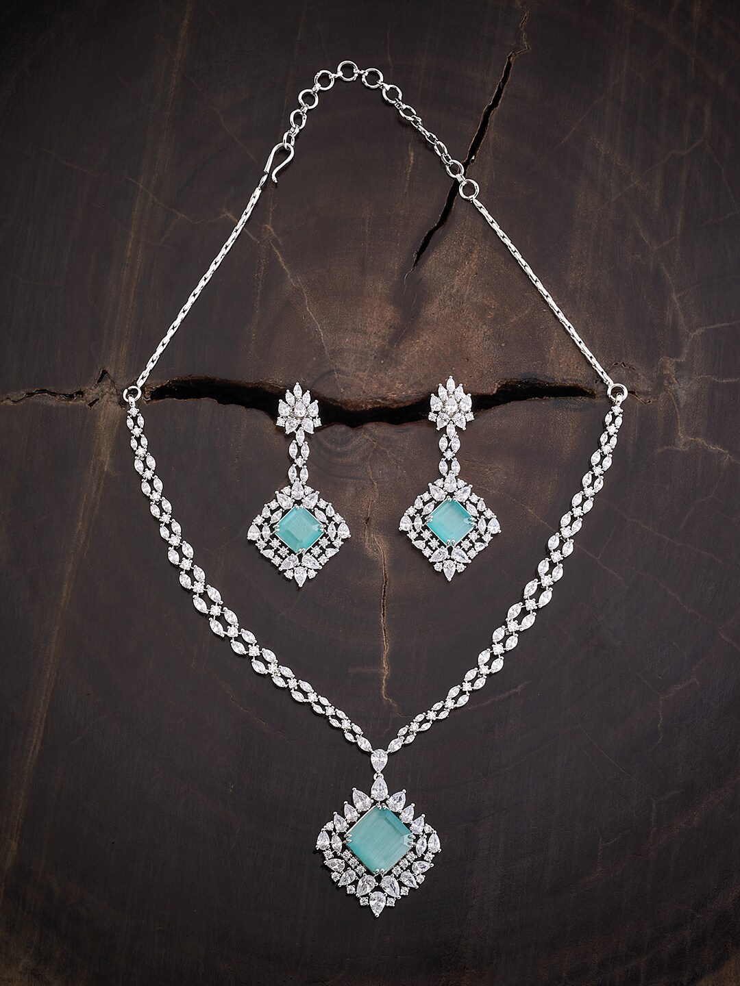 

Kushal's Fashion Jewellery Rhodium-Plated CZ Studded & Beaded Jewellery Set, Sea green