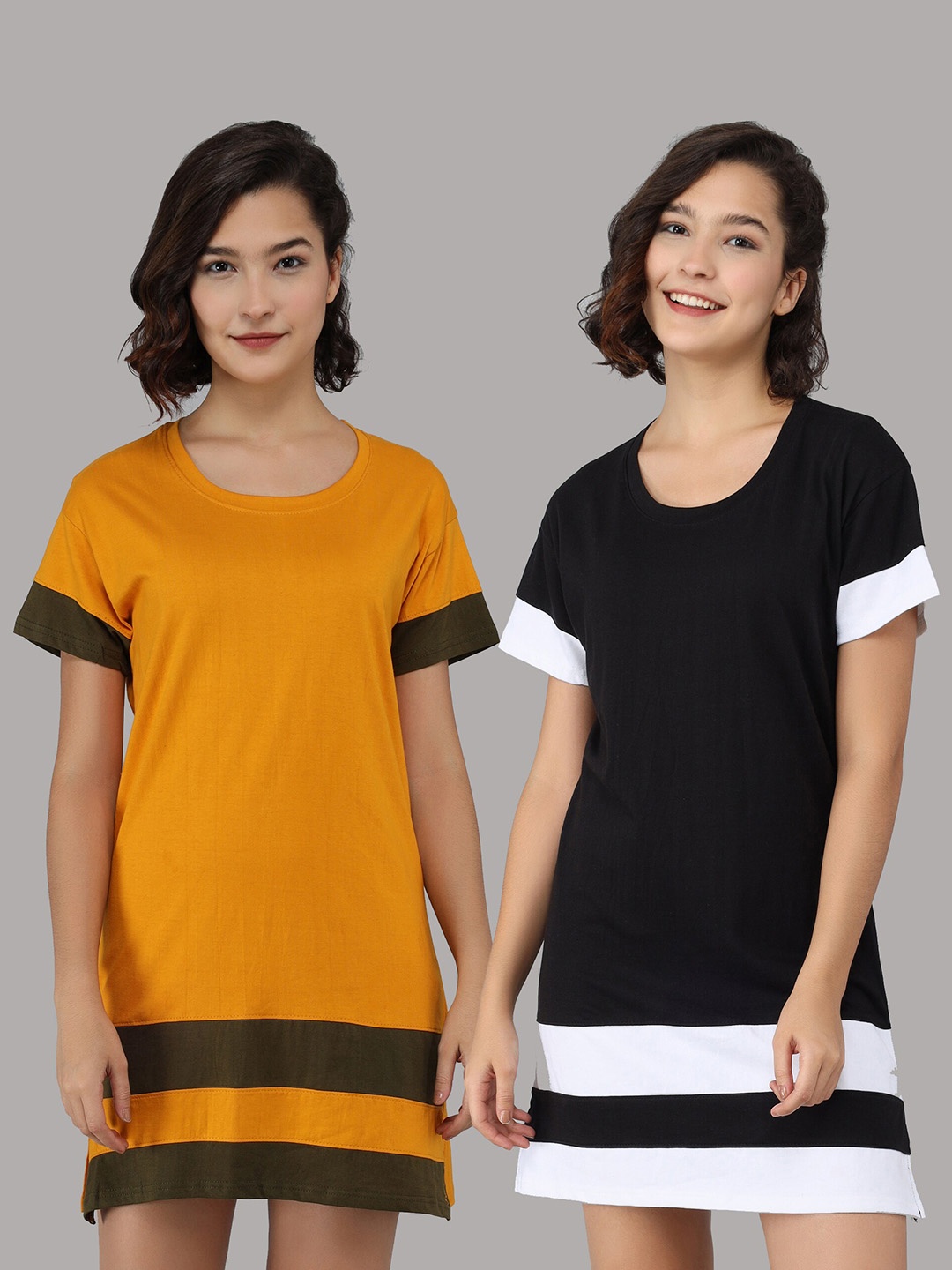 

Christy World Women Pack of 2 Cotton T-shirt Dress, Mustard