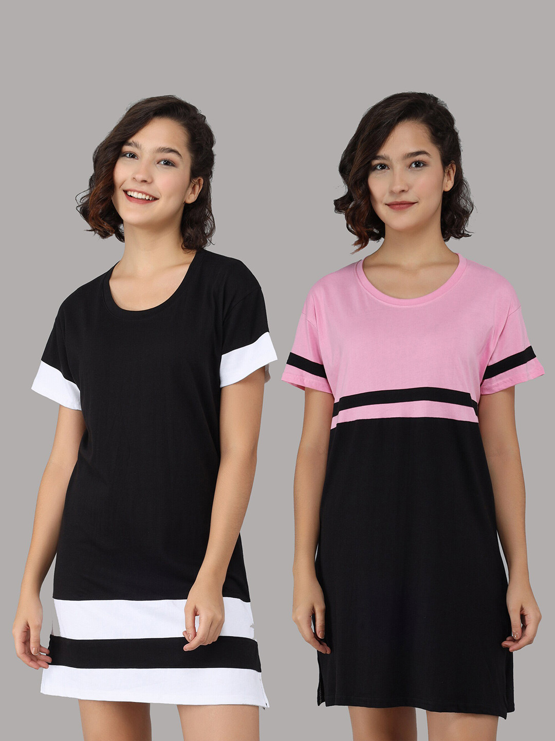

Christy World Pack Of 2 Colourblocked Cotton T-shirt Nightdress, Black