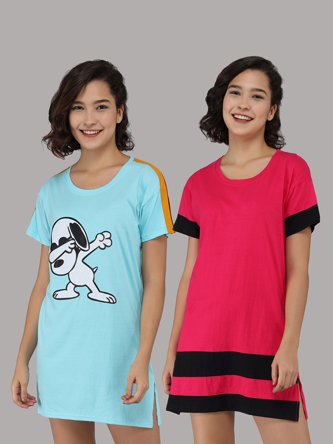 

Christy Pack Of 2 Snoopy Printed Cotton T-shirt Nightdress, Blue